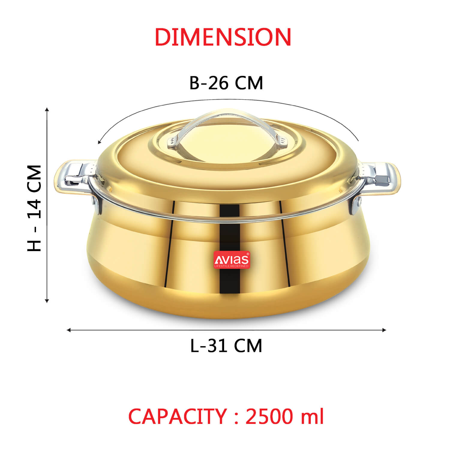 AVIAS Riara Gold Premium Stainless steel casserole/ hotpot/ hot case with twist lock with sturdly side handles | Roti/ chapati, curry , gravy, rice serveware | 1.5L/ 2.5L