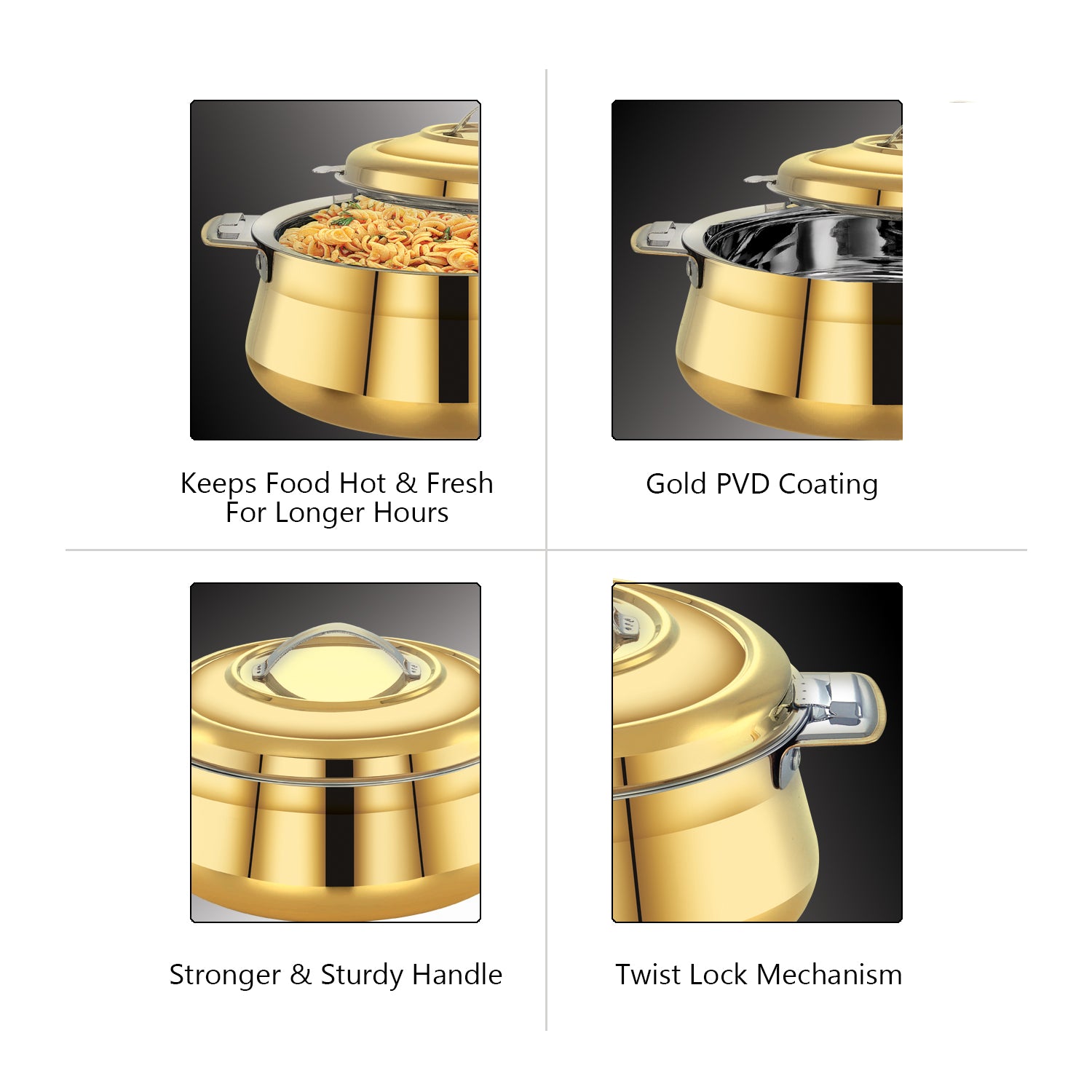 AVIAS Riara Gold Premium Stainless steel casserole/ hotpot/ hot case with twist lock with sturdly side handles | Roti/ chapati, curry , gravy, rice serveware | 1.5L/ 2.5L