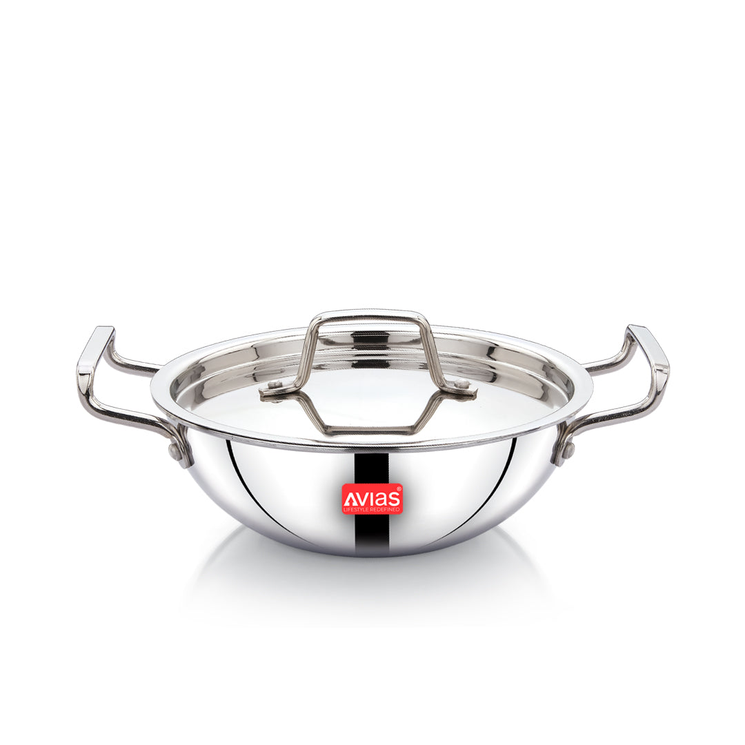 AVIAS AVI3 Triply Kadai, 20 / 22 / 24 / 26 cm Stainless Steel Kadhai with Lid, 3 Layer, Steel Casted Handles, Flat Bottom Kadhai with Induction Base, 2.5 Mm Thickness, 1.5 / 2 / 2.5 / 3.25 Litre Capacity