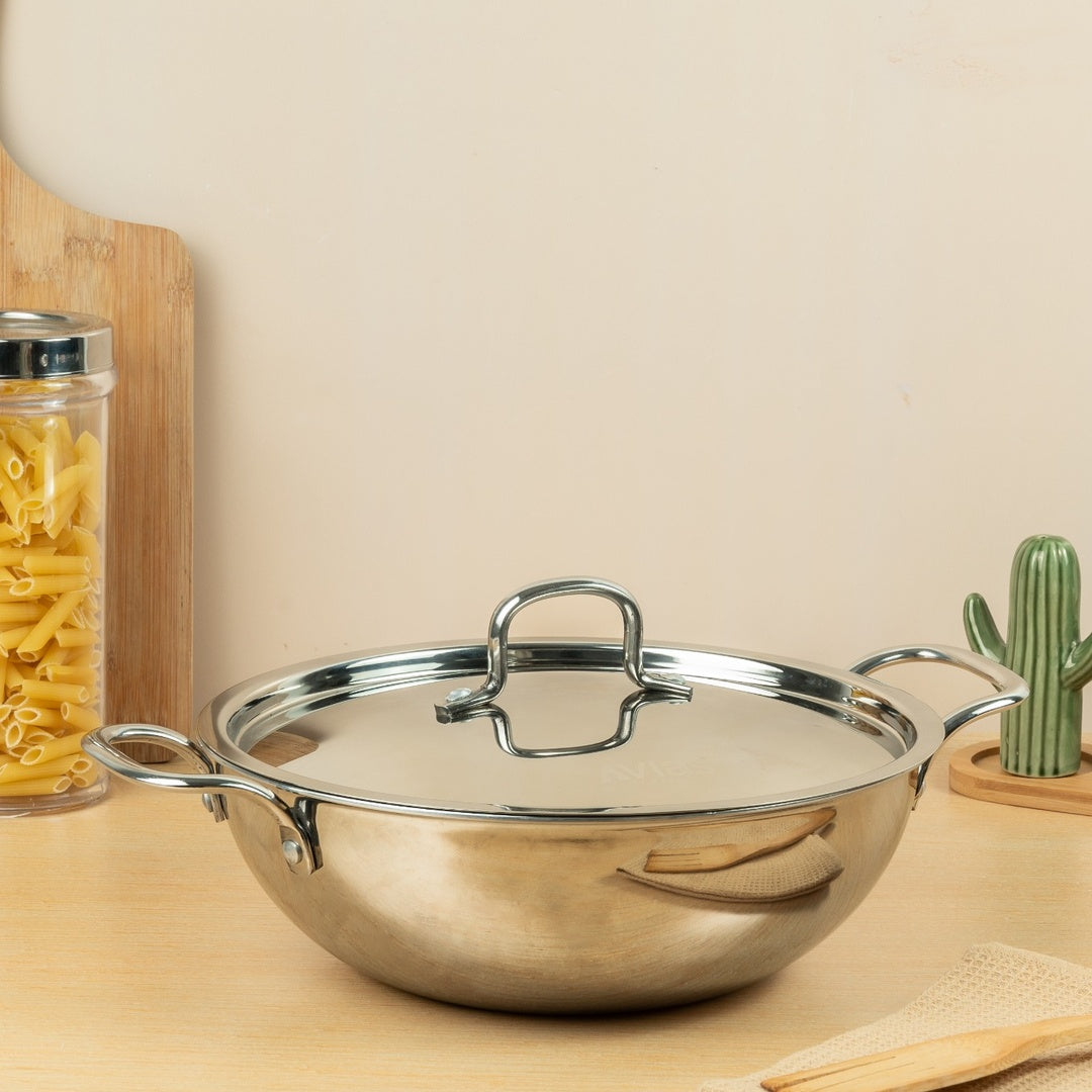 Avias Riara Triply Stainless Steel Kadai with Lid | 2.5mm Thick | Induction Compatible | 20–28cm