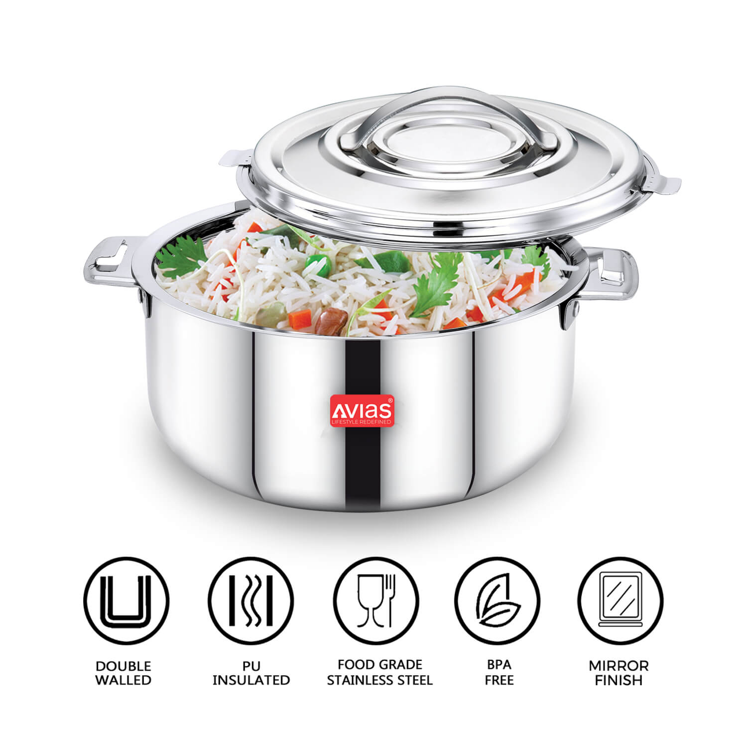 New AVIAS Avistar Premium Stainless Steel Casserole/ Double Wall Insulated / Chapati Box | Casserole Food Storage with Lid | Twist Lock | 1.5L/ 2.5L/ 3.5L - Silver