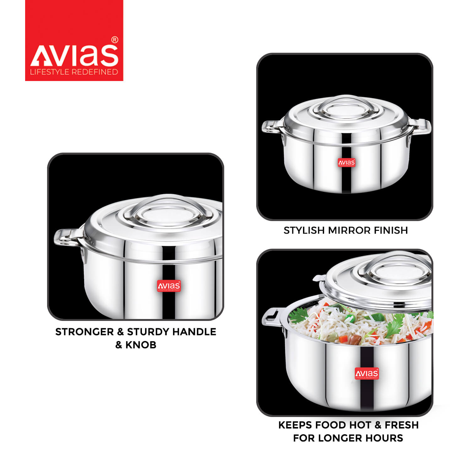 New AVIAS Avistar Premium Stainless Steel Casserole/ Double Wall Insulated / Chapati Box | Casserole Food Storage with Lid | Twist Lock | 1.5L/ 2.5L/ 3.5L - Silver