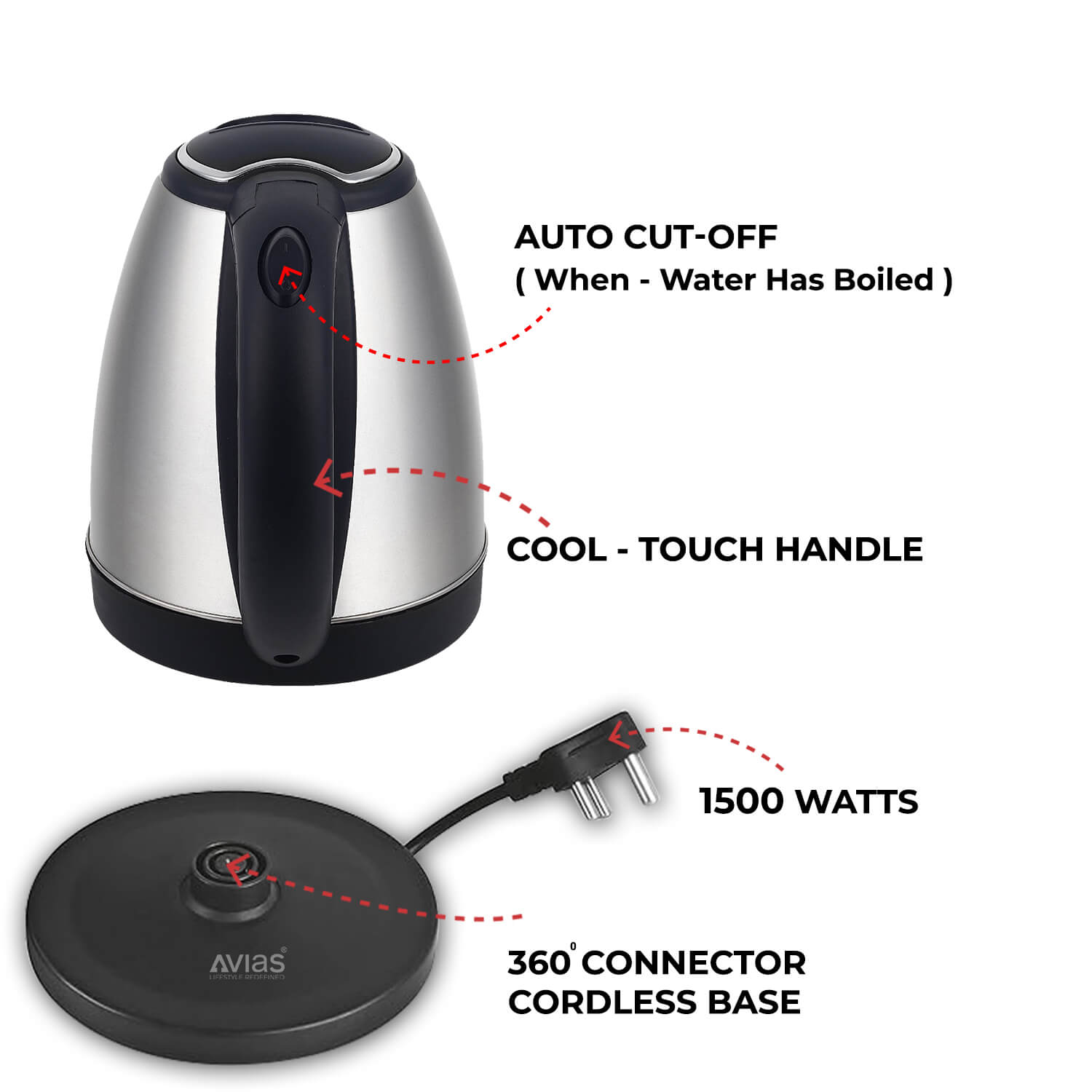 Avias Stainless Steel Steampro Electric Kettle base features