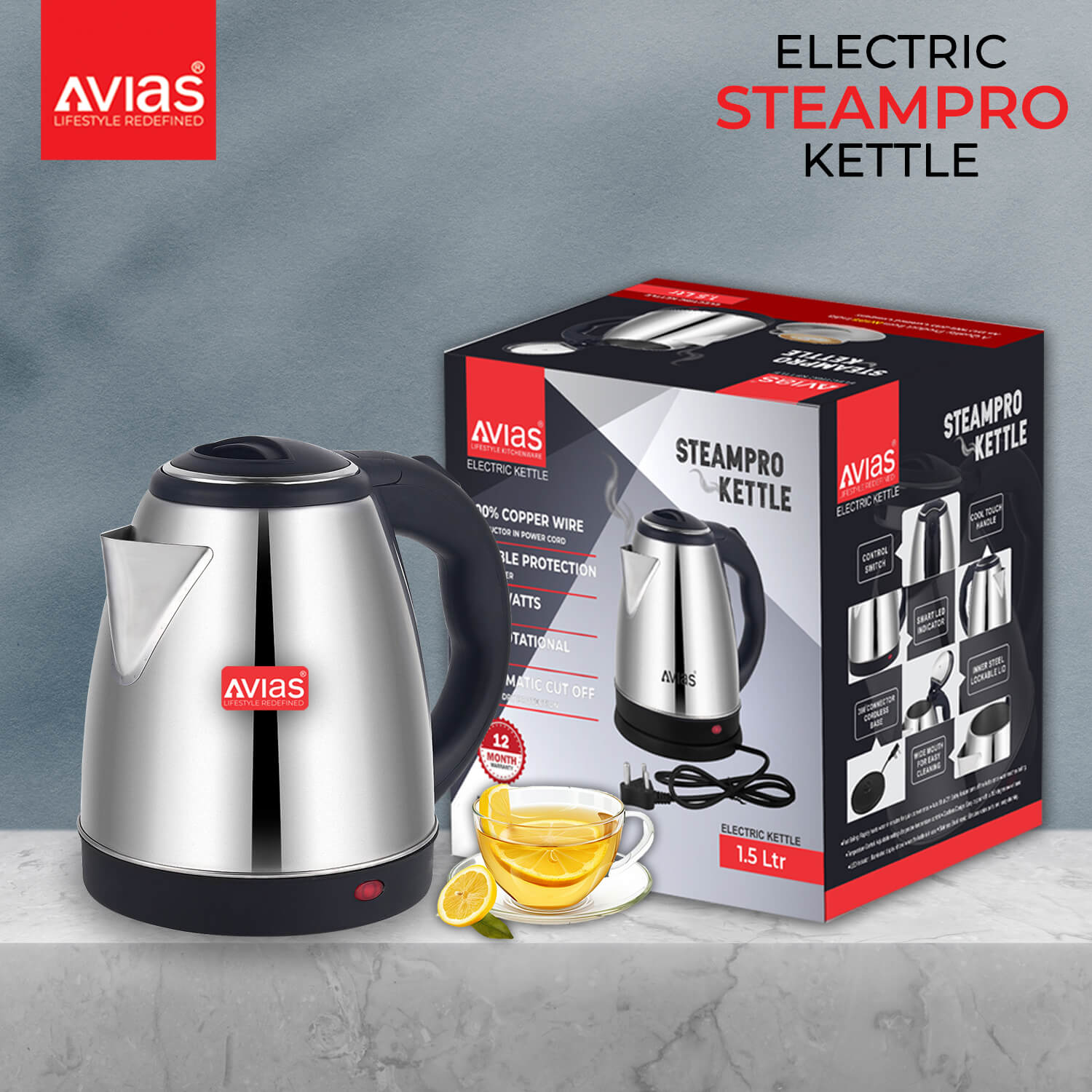 Avias Stainless Steel Steampro Electric Kettle box package