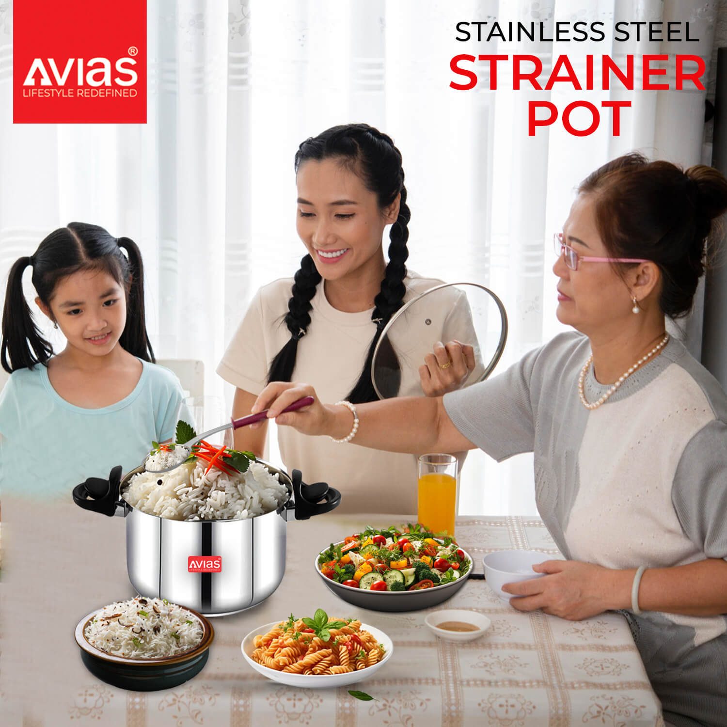 Avias Stainless Steel Strainer Pot with Strainer and Glass Lid for cooking and serving with family