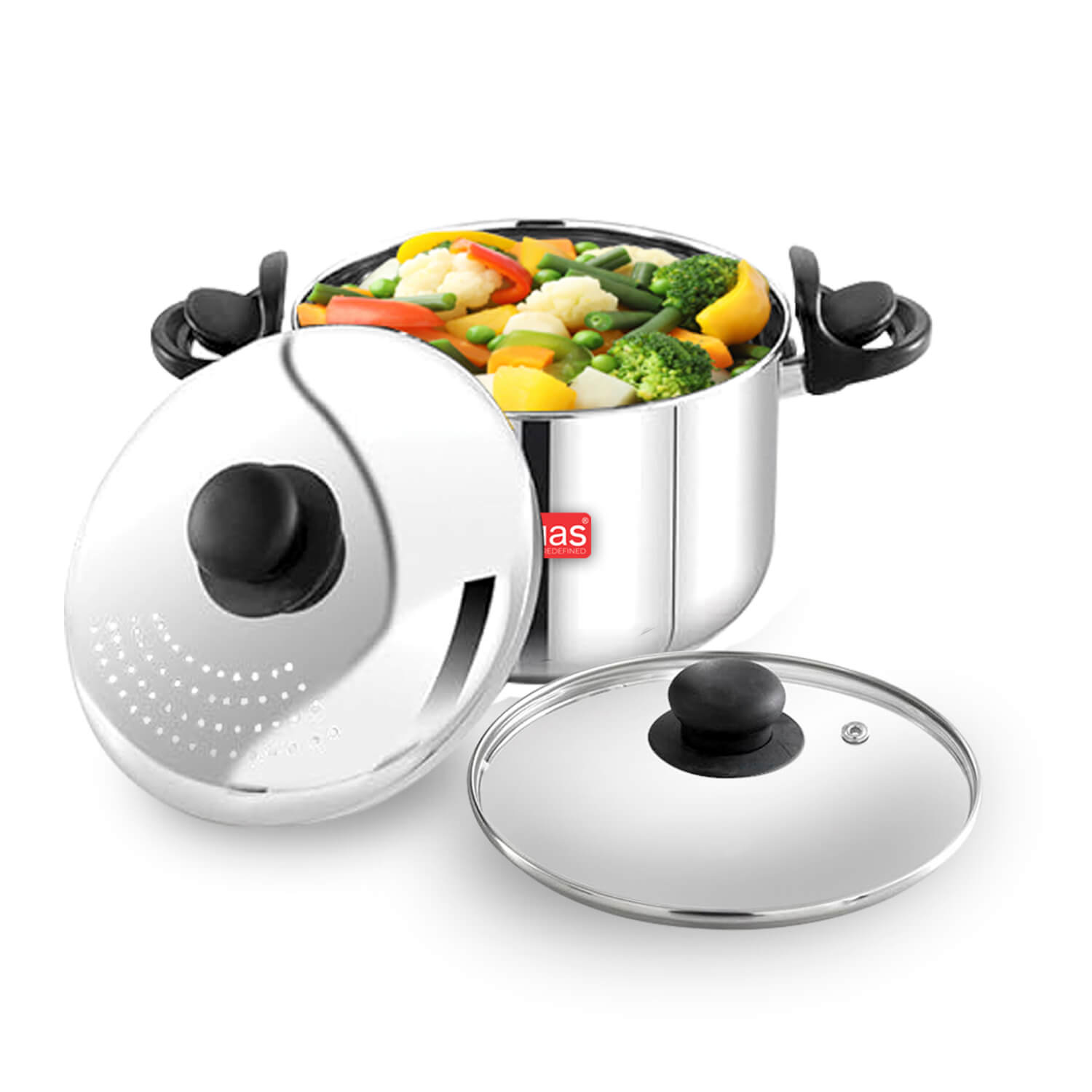 Avias Stainless Steel Strainer Pot with Strainer and Glass Lid open