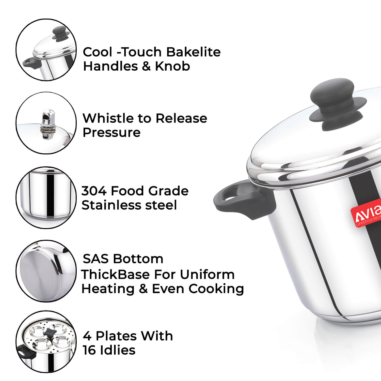 Avias Idlimate IB idli cooker 6 plate main features