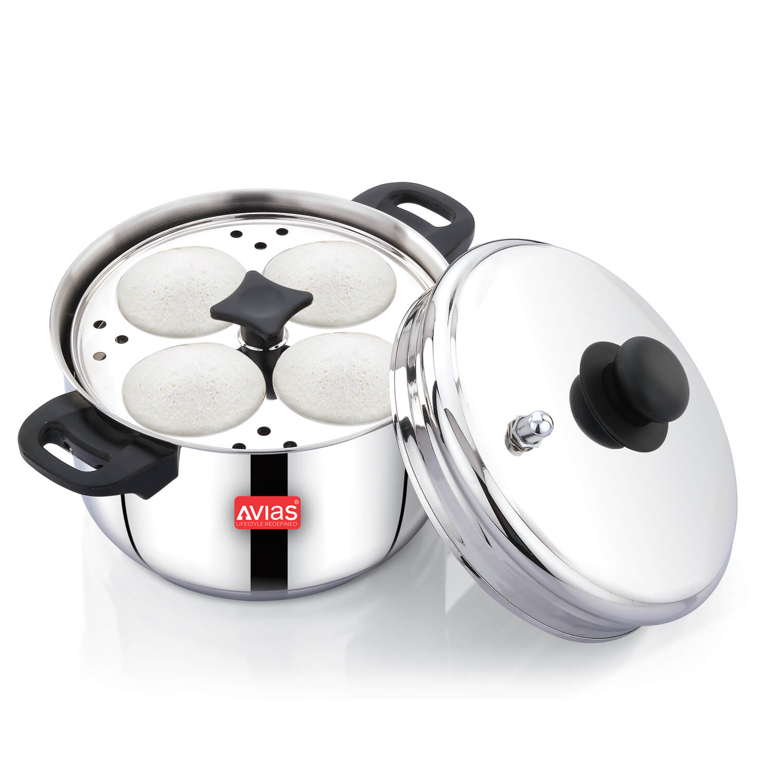 Avias Idlimate IB idli cooker 6 plate open with fluffy idlis
