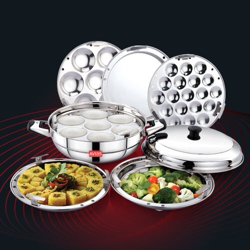 Avias Stainless Steel All-Rounder Kadai Premium with all idli plates