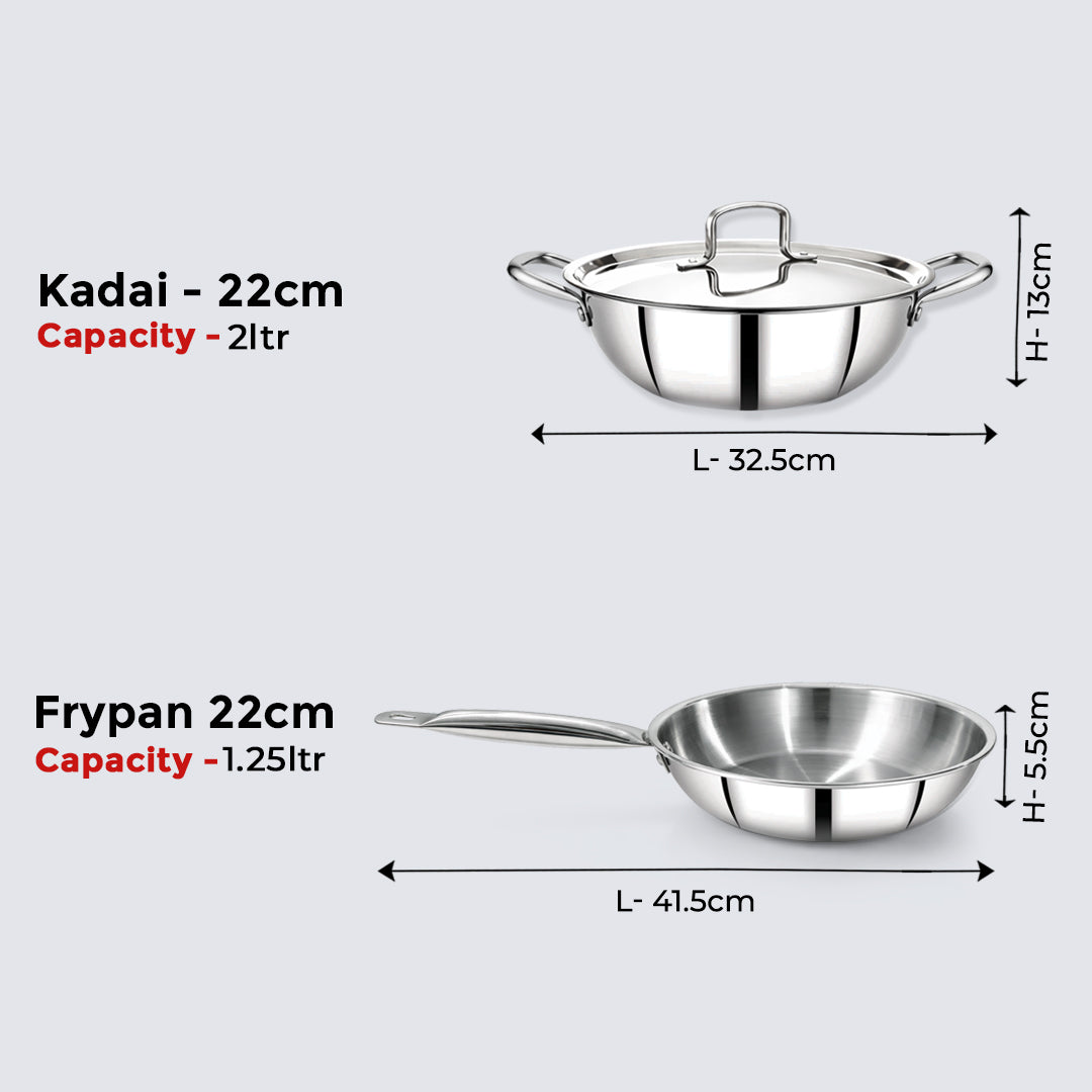Avias Trivera Triply Stainless Steel Cookware Set | 3 Pc | Kadai + Frypan | SS Lid