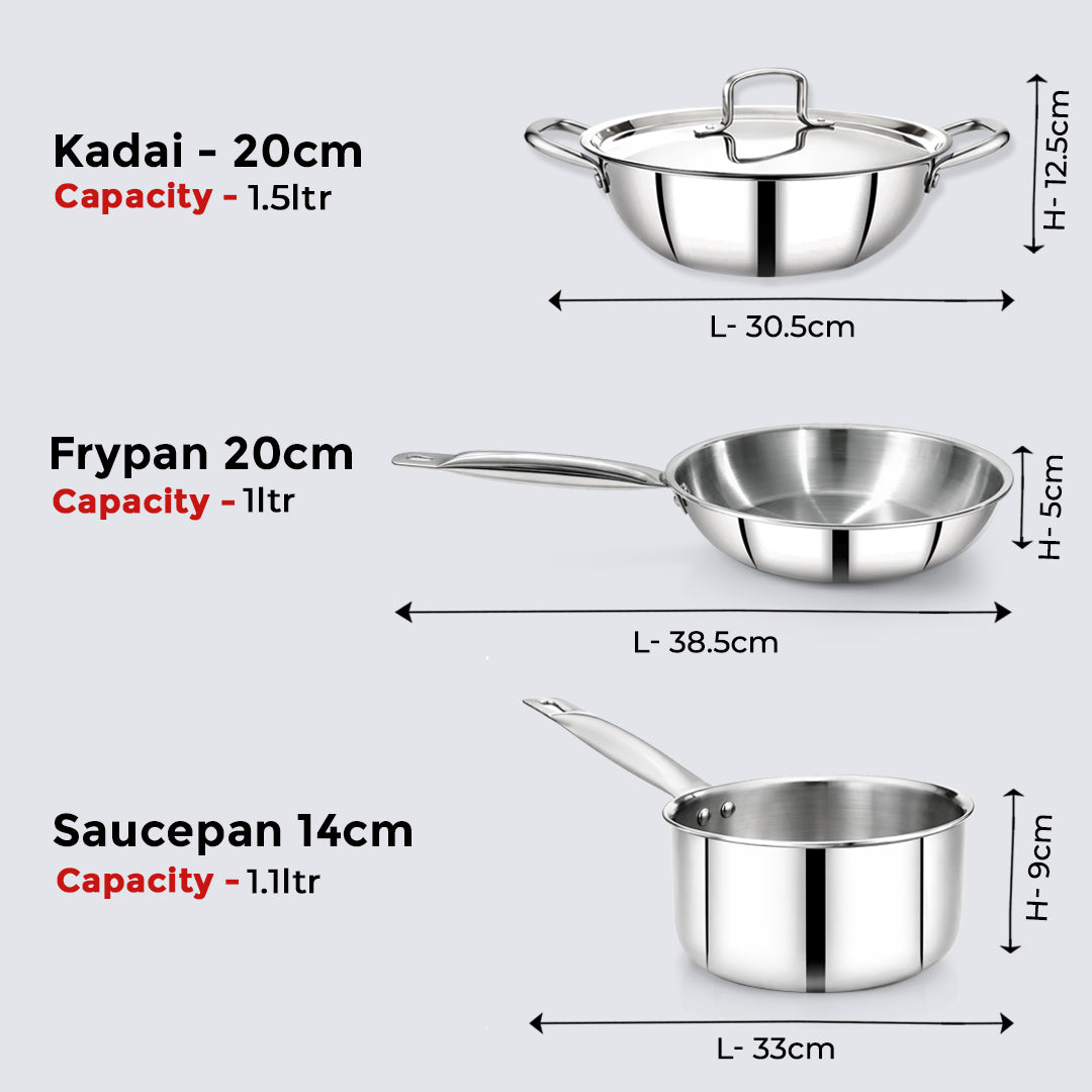Avias Trivera Triply Stainless Steel Cookware Set | 4 Pc | Kadai + Frypan + Saucepan | SS Lid