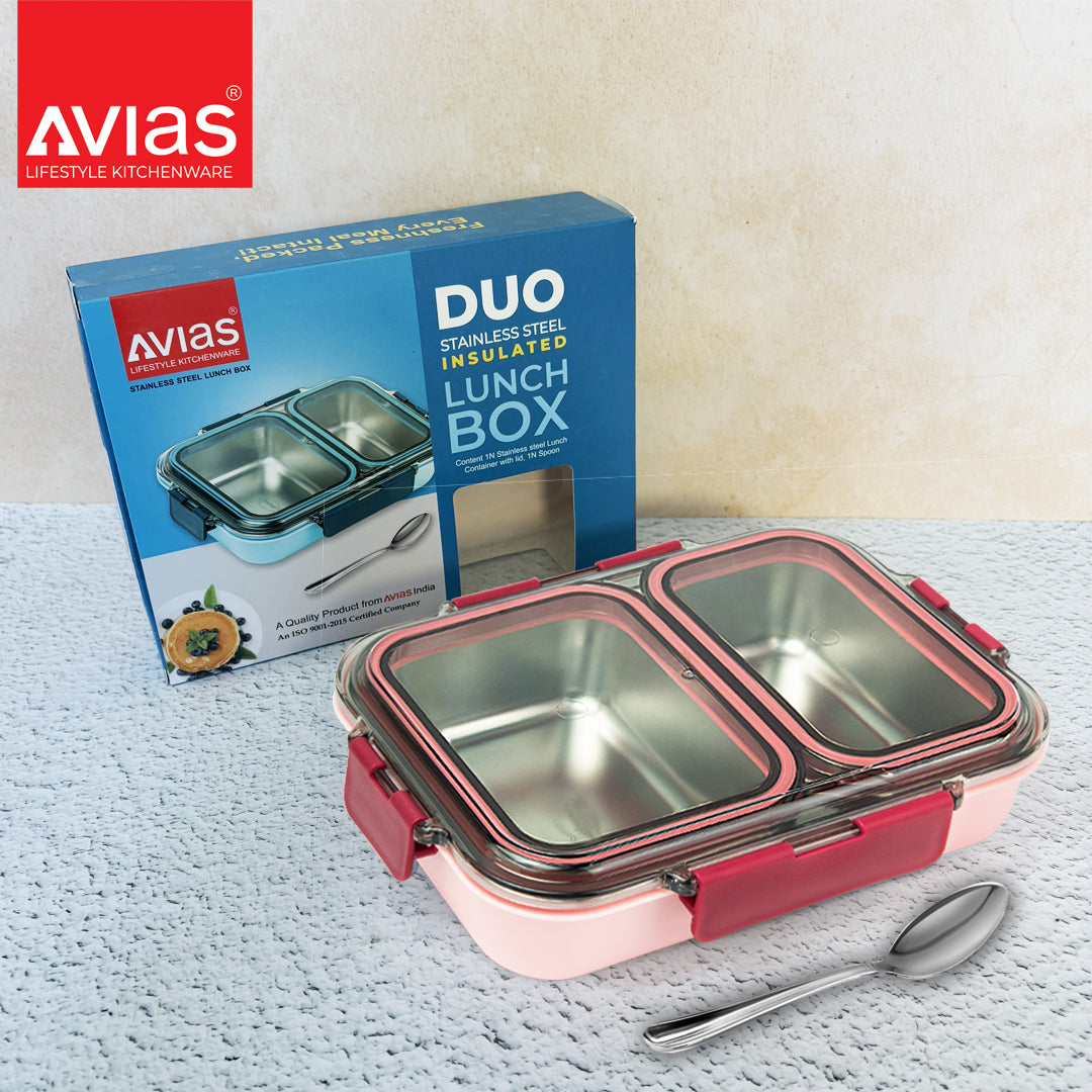 AVIAS Avifresh Stainless Steel Insulated Lunch Box with Spoon | Tiffin Box for School, College, and Office - DUO