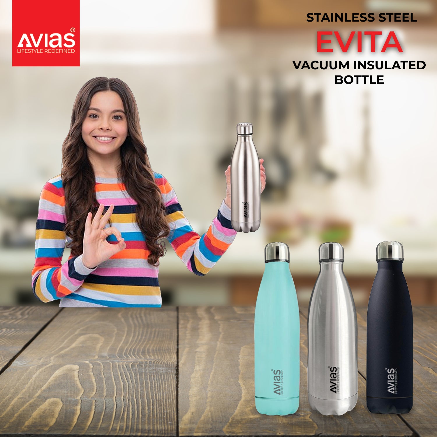 Evita premium stainless steel Vacuum Insulated Flask Water Bottle| 1 Litre/ 750ml | Blue
