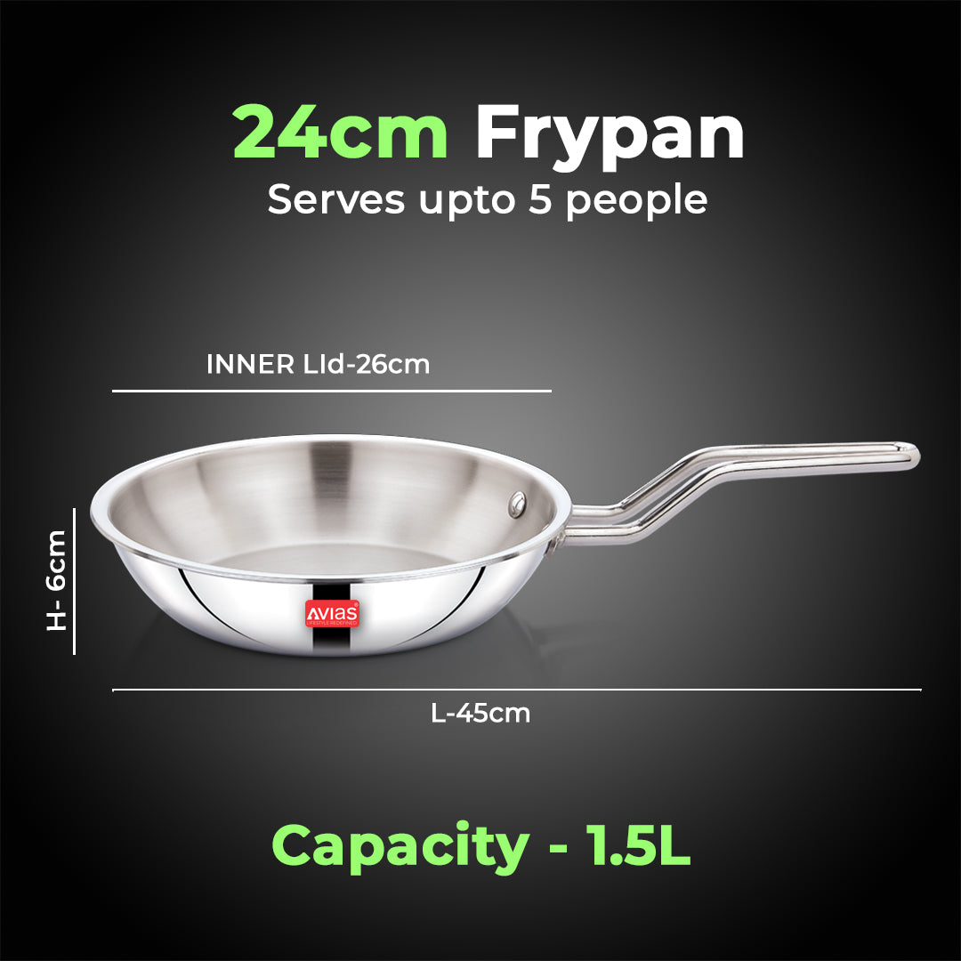 AVIAS AVI3 Triply Fry Pan, 22 / 24 cm Stainless Steel Fry Pan, 3 Layer, Steel Casted Handles, Flat Bottom Fry Pan with Induction Base, 2.5 Mm Thickness, 1.25 / 1.5 Litre Capacity