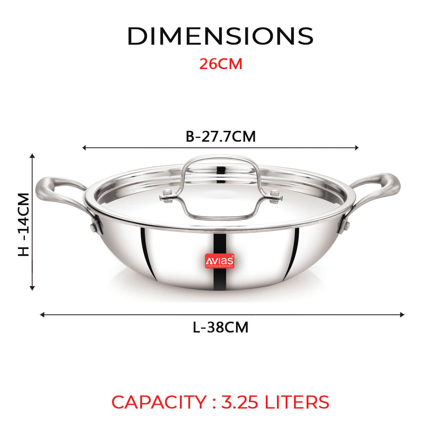 AVIAS Riara Premium Stainless steel Triply Kadai 3.25 liters