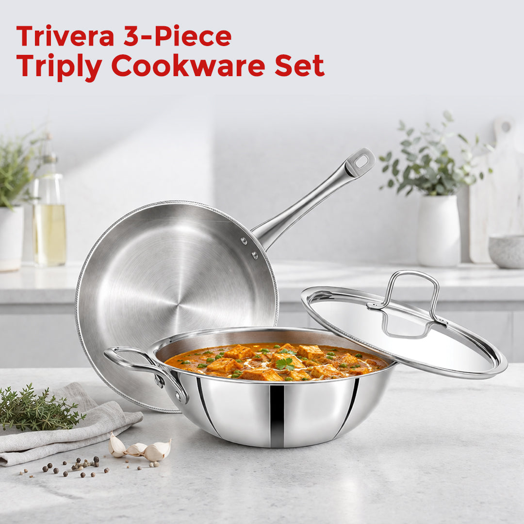 Avias Trivera Triply Stainless Steel Cookware Set | 3 Pc | Kadai + Frypan | SS Lid