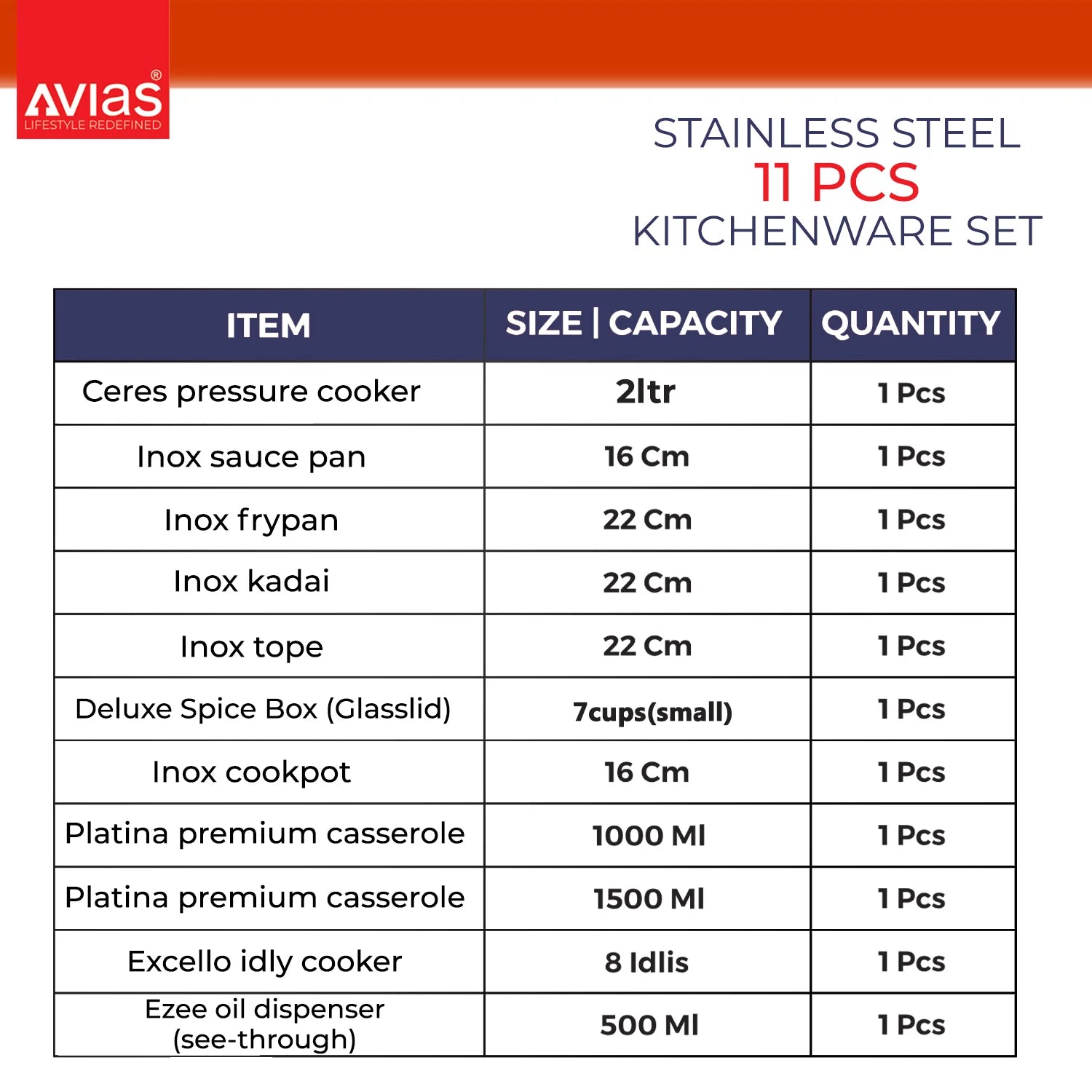 Avias Stainless Steel 11 PCS Kitchen set size and quantity