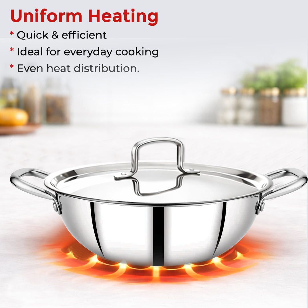 Avias Trivera Triply Stainless Steel Cookware Set | 3 Pc | Kadai + Frypan | SS Lid