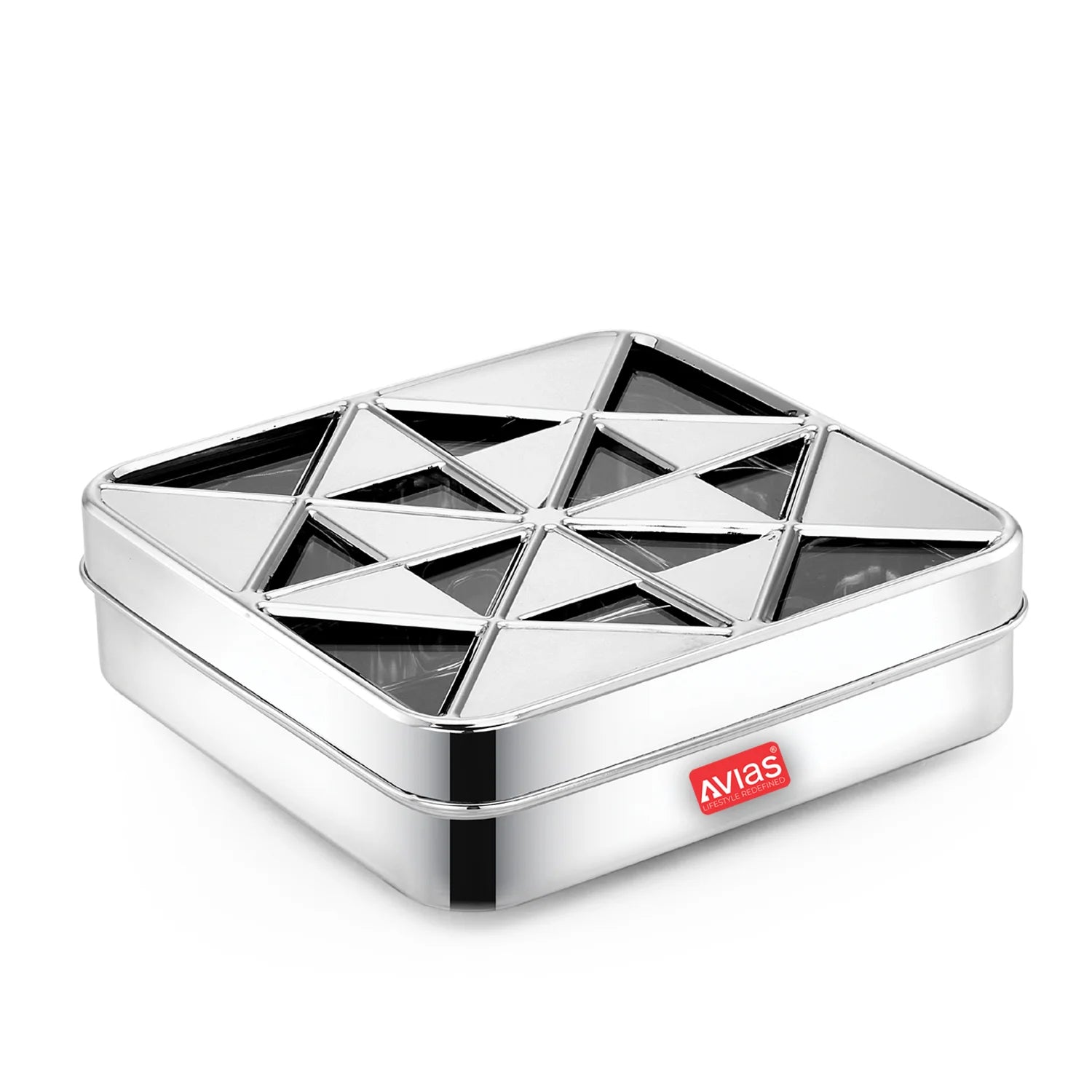AVIAS Trios 9 square dryfruit cum spice box |Premium quality stainless steel |see-through lid with unbreakable acrylic sheet