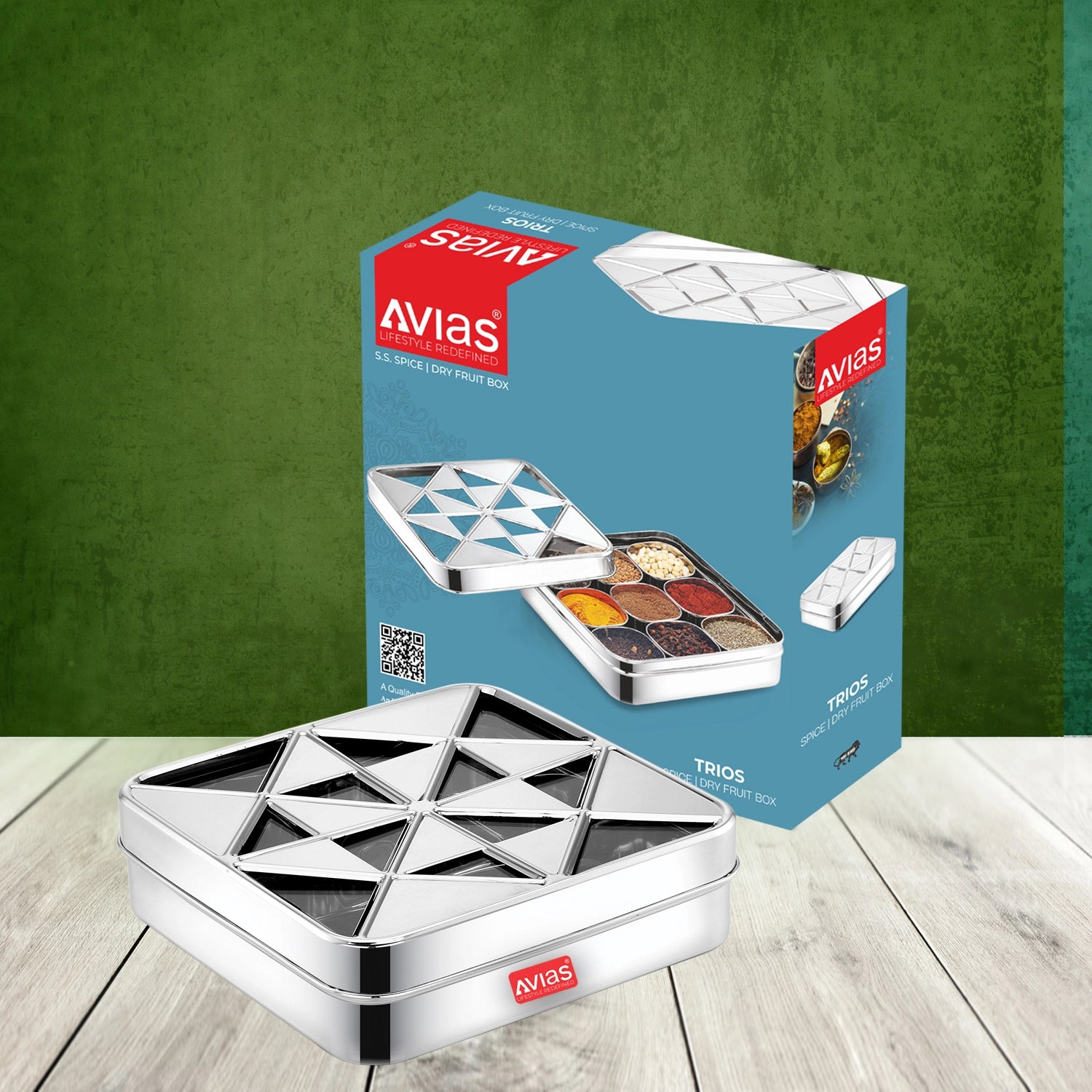 AVIAS Trios 9 square dryfruit cum spice box package