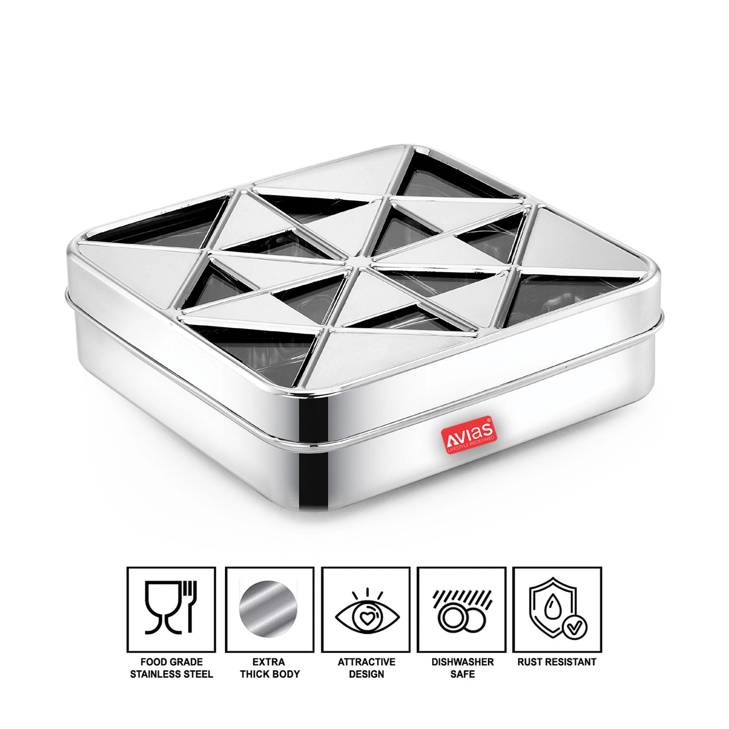 AVIAS Trios 9 square dryfruit cum spice box features