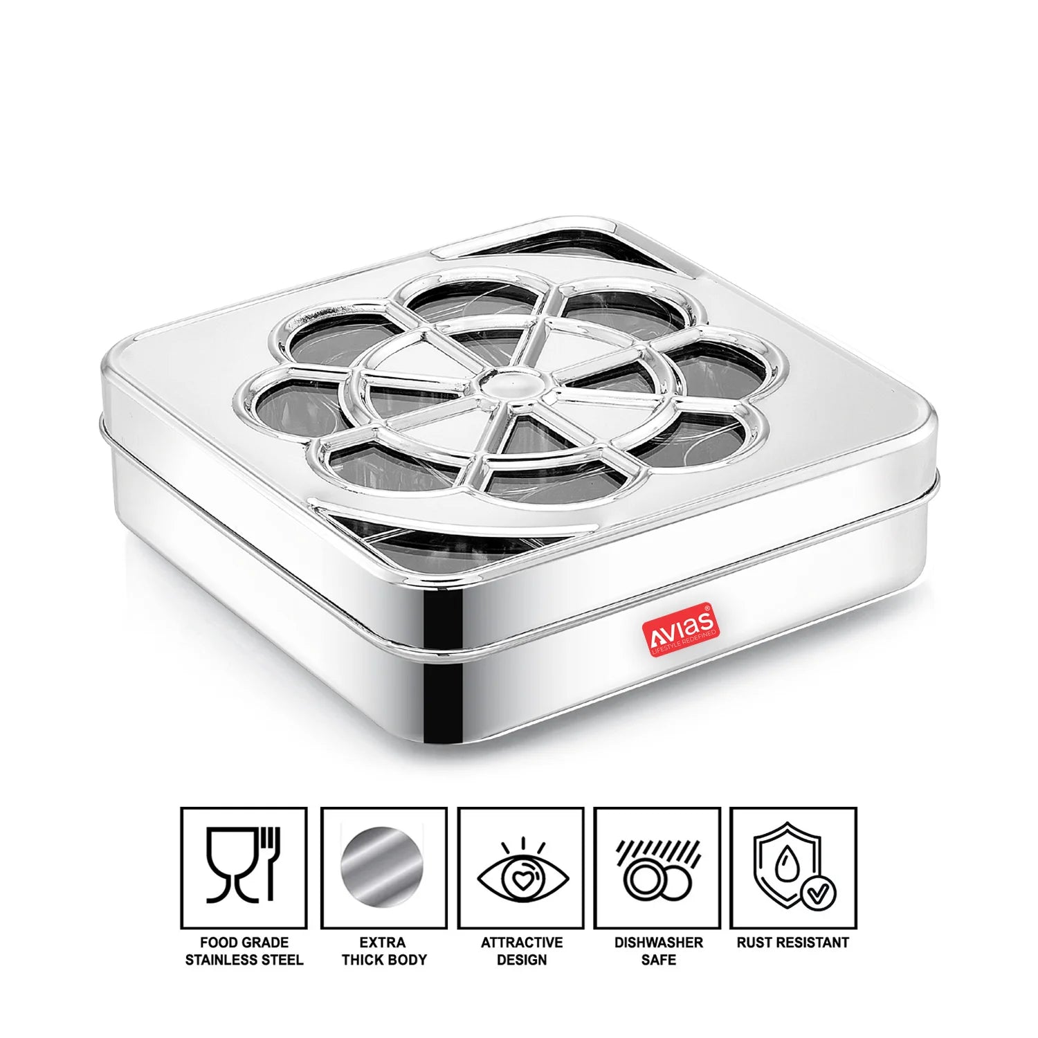 AVIAS Flora 9 square Premium quality Stainless steel Dry fruit cum Spice box features