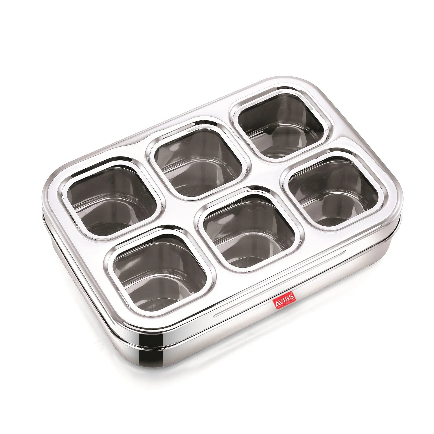 AVIAS stainless steel dry fruit cum spice box with 6 square compartments