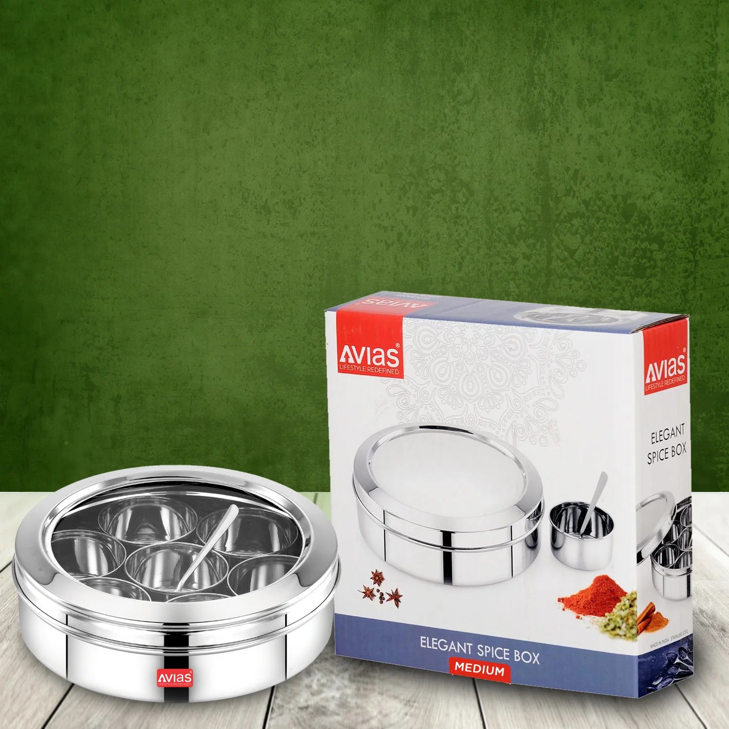 AVIAS Stainless Steel Elegant Spice box cum Organiser package