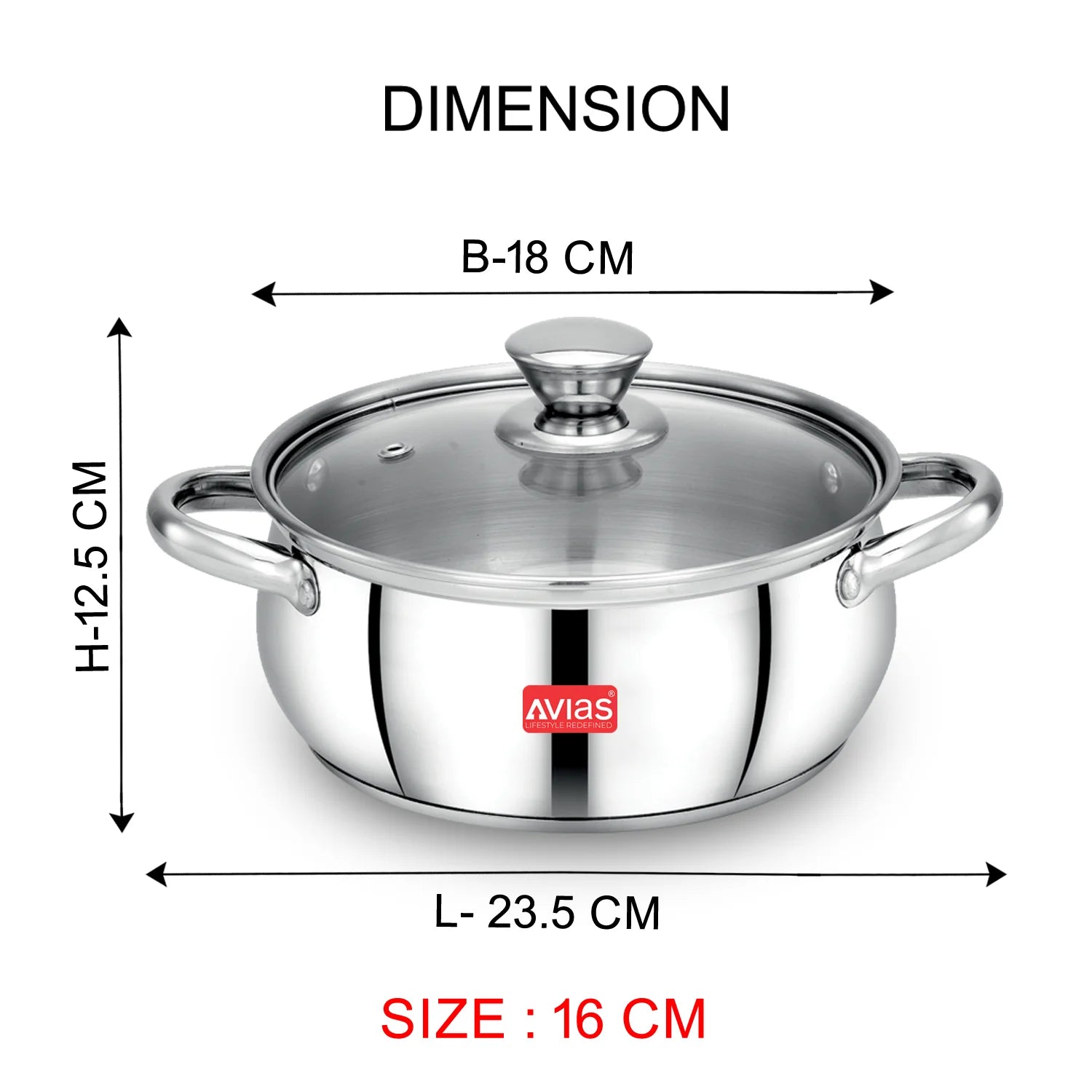 AVIAS Inox IB stainless steel cookpot with glass lid with steam vent | rust-resistant cooware with sandwich bottom | Induction and gas stove friendly | Silver