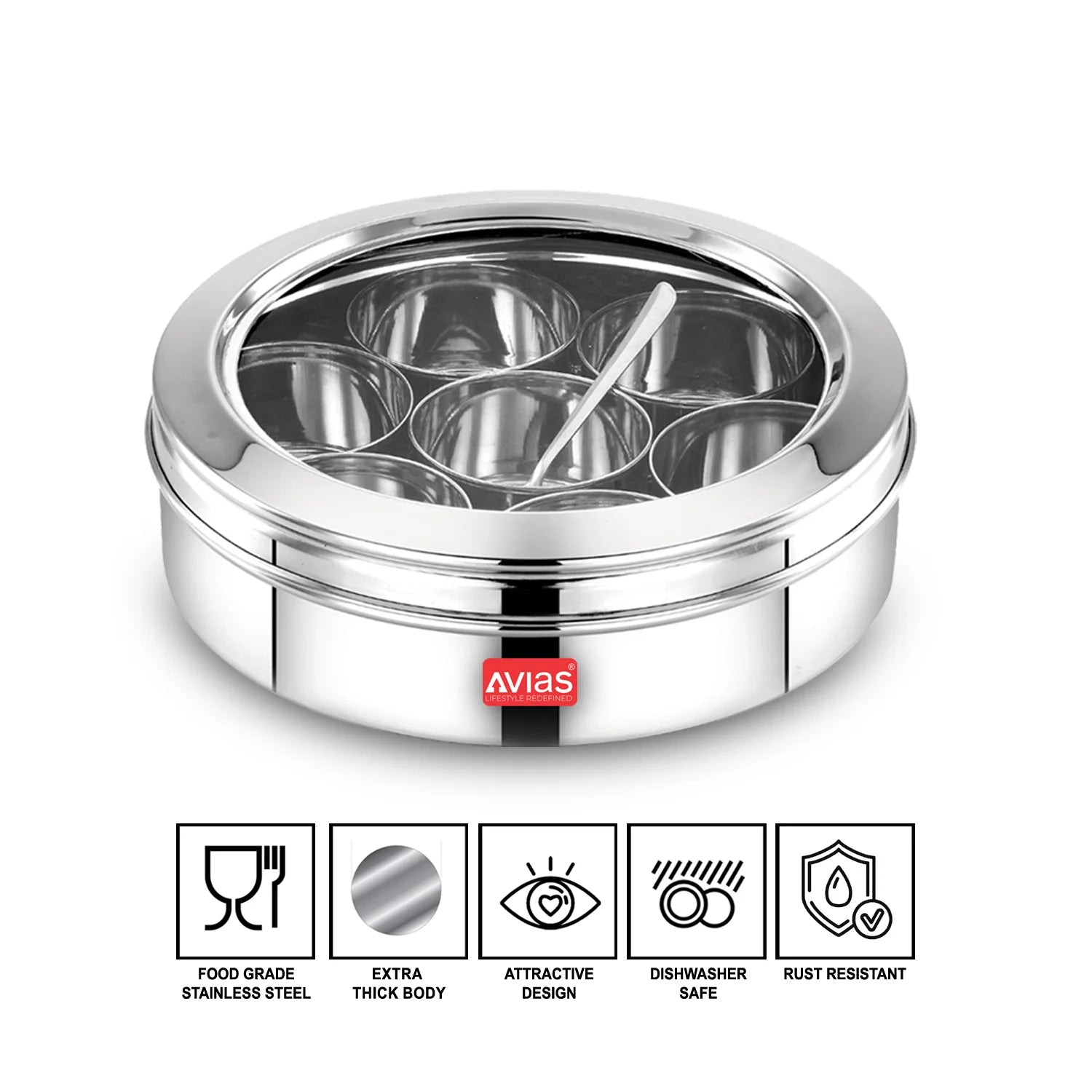 AVIAS Stainless Steel Elegant Spice box cum Organiser features