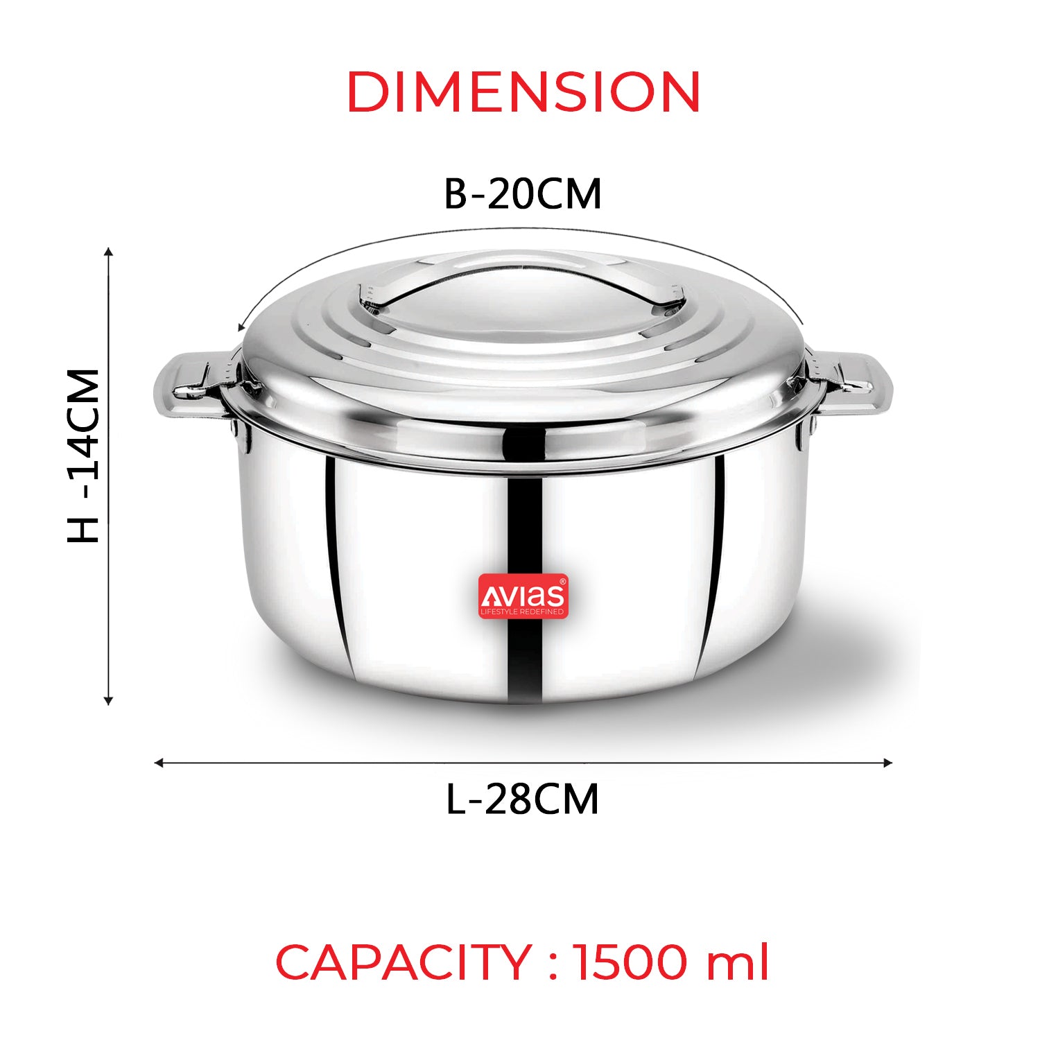 AVIAS Platina Premium Double wall insulated Stainless Steel Casserole/ Hotpot/ Chapati box/ Hot case with steel lid | Retains temperature | Twist lock | 1000ml /1500ml / 2500ml /3500ml /5000ml /7500ml /10000ml - Silver