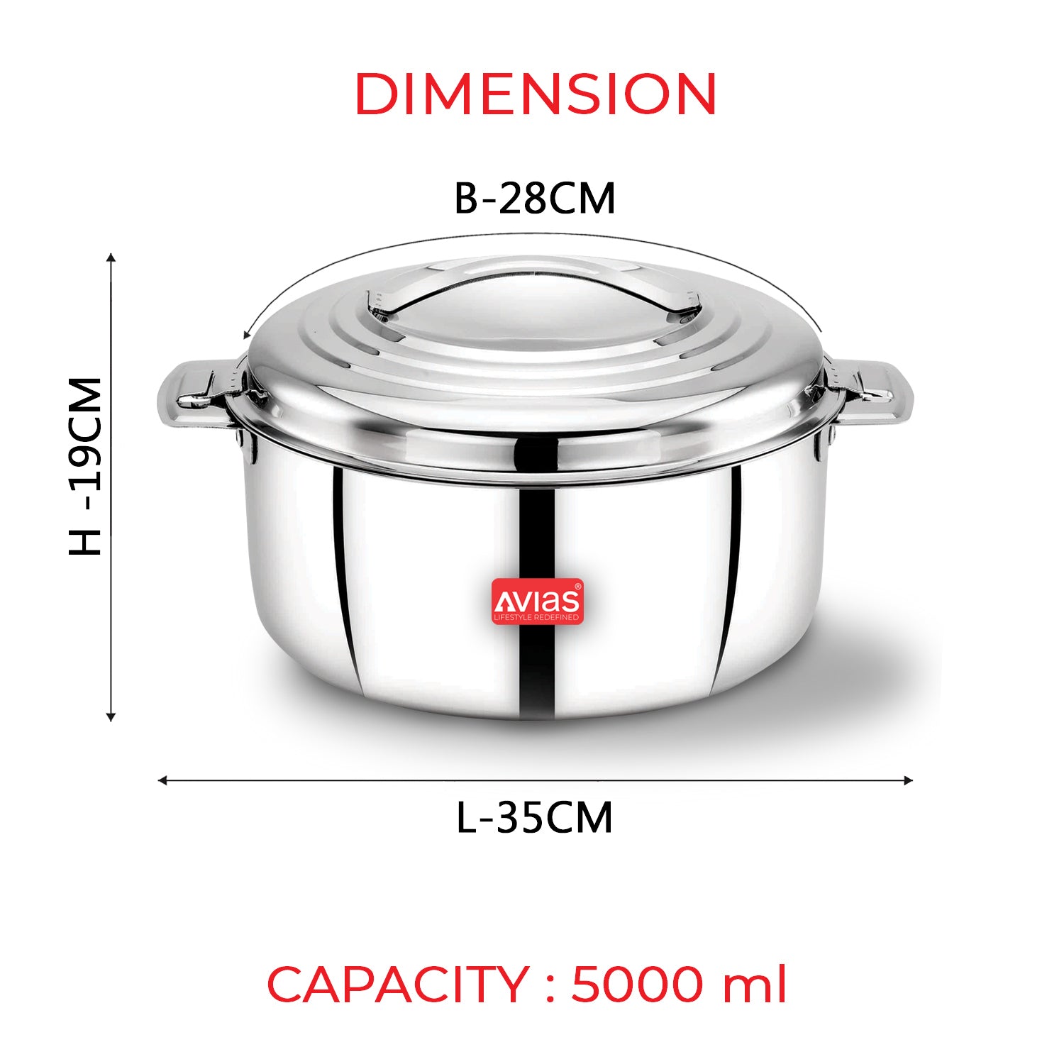 AVIAS Platina Premium Double wall insulated Stainless Steel Casserole/ Hotpot/ Chapati box/ Hot case with steel lid | Retains temperature | Twist lock | 1000ml /1500ml / 2500ml /3500ml /5000ml /7500ml /10000ml - Silver