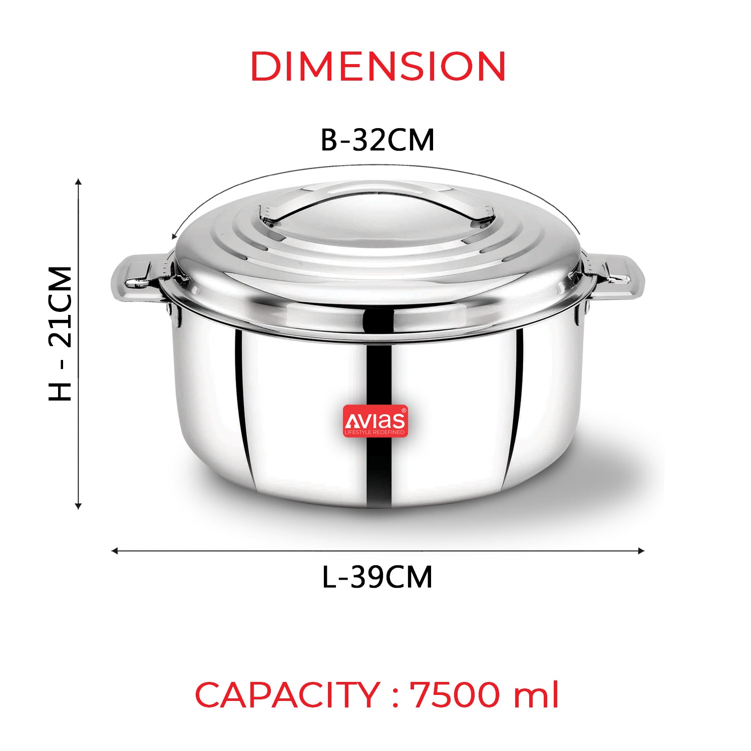 AVIAS Platina Premium Double wall insulated Stainless Steel Casserole/ Hotpot/ Chapati box/ Hot case with steel lid | Retains temperature | Twist lock | 1000ml /1500ml / 2500ml /3500ml /5000ml /7500ml /10000ml - Silver
