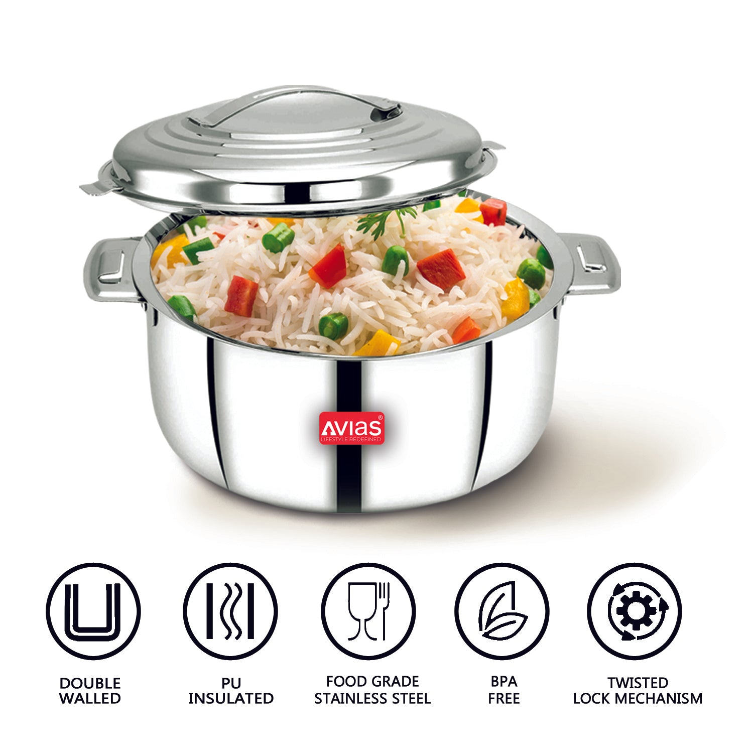 AVIAS Platina Premium Double wall insulated Stainless Steel Casserole/ Hotpot/ Chapati box/ Hot case with steel lid | Retains temperature | Twist lock | 1000ml /1500ml / 2500ml /3500ml /5000ml /7500ml /10000ml - Silver
