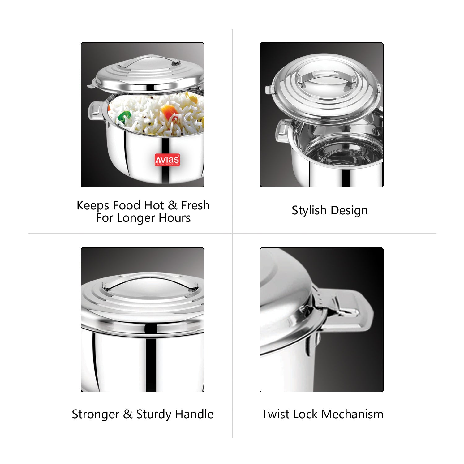 AVIAS Platina Premium Double wall insulated Stainless Steel Casserole/ Hotpot/ Chapati box/ Hot case with steel lid | Retains temperature | Twist lock | 1000ml /1500ml / 2500ml /3500ml /5000ml /7500ml /10000ml - Silver