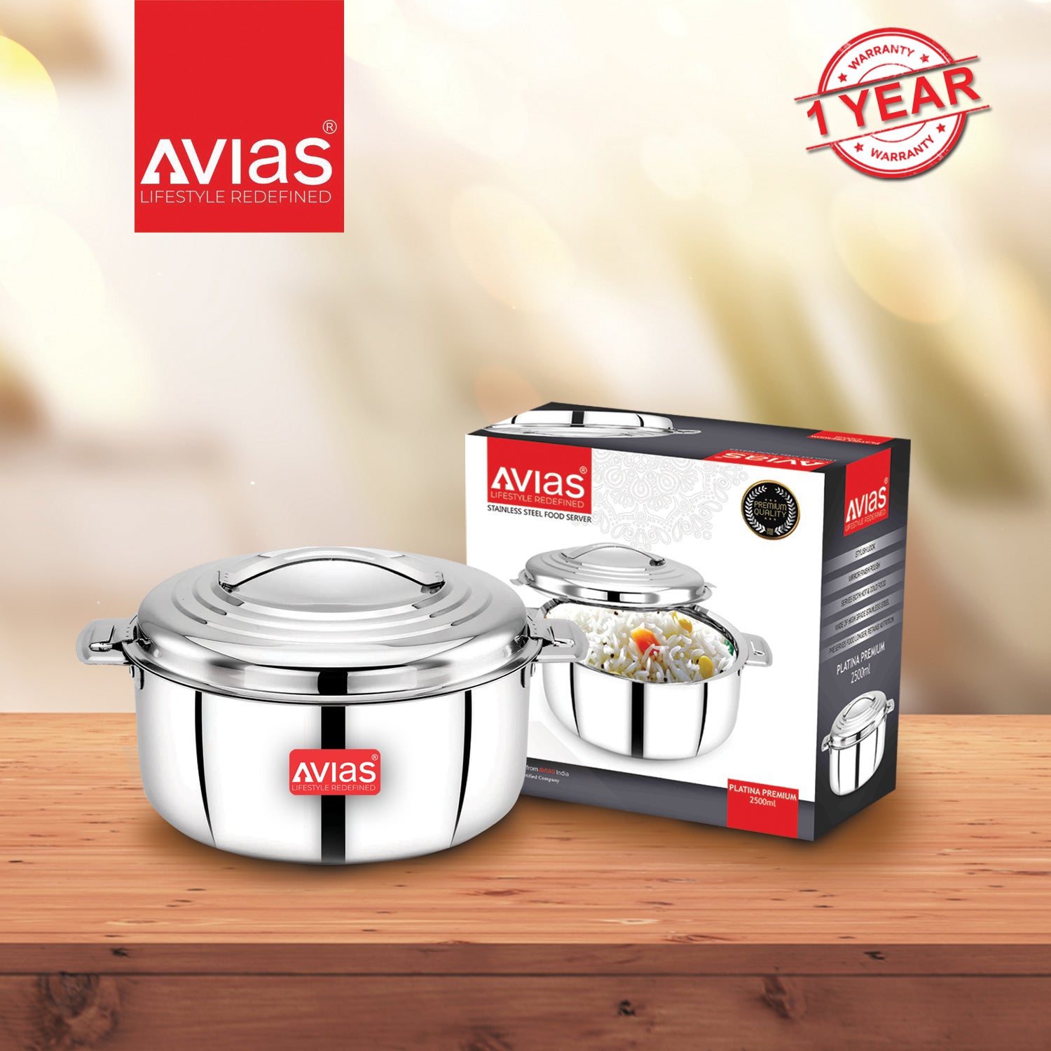 AVIAS Platina Premium Double wall insulated Stainless Steel Casserole/ Hotpot/ Chapati box/ Hot case with steel lid | Retains temperature | Twist lock | 1000ml /1500ml / 2500ml /3500ml /5000ml /7500ml /10000ml - Silver