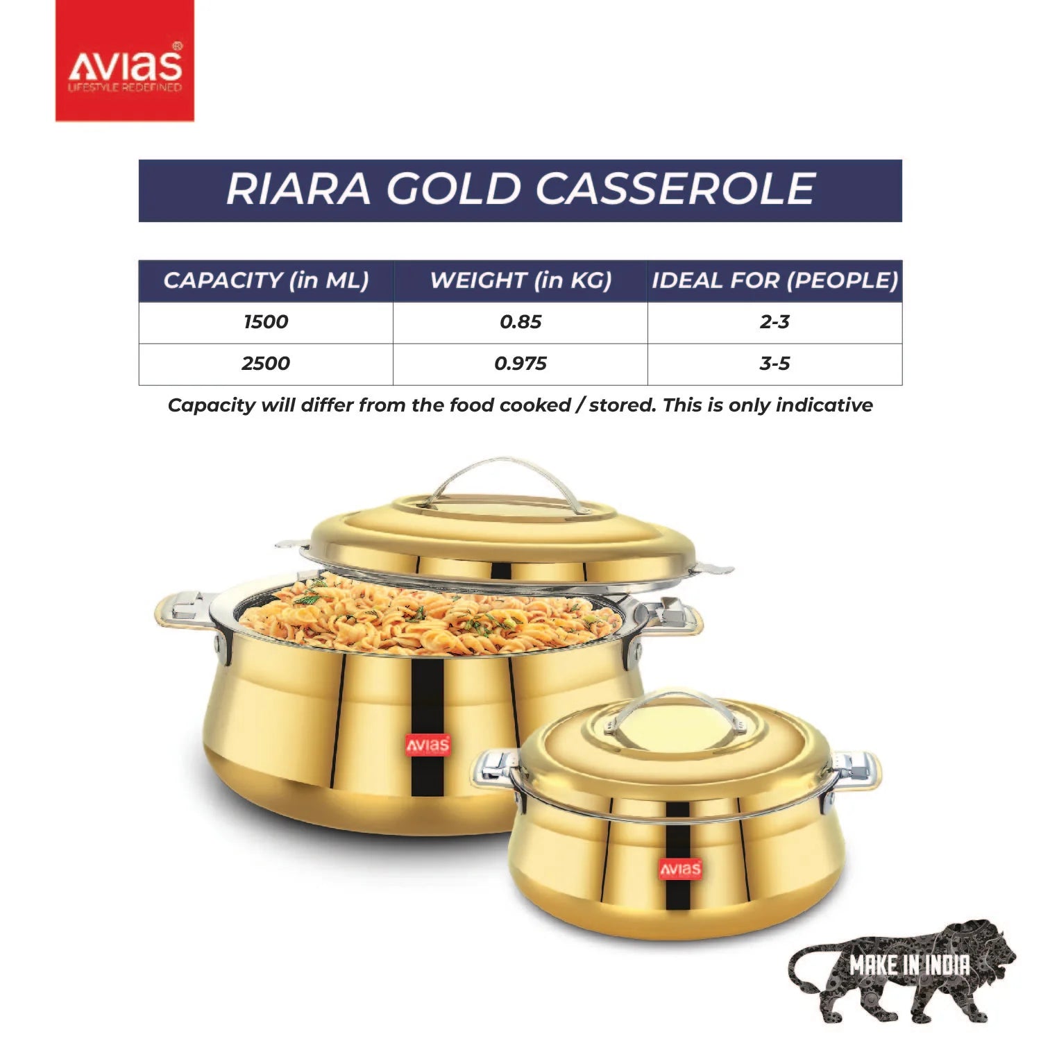 AVIAS Riara Gold Premium Stainless steel casserole/ hotpot/ hot case with twist lock with sturdly side handles