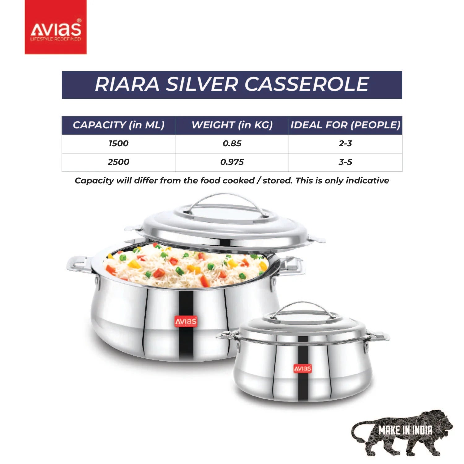 AVIAS Riara Silver Premium Stainless steel casserole/ hotpot/ hot case with twist lock with sturdly side handles 