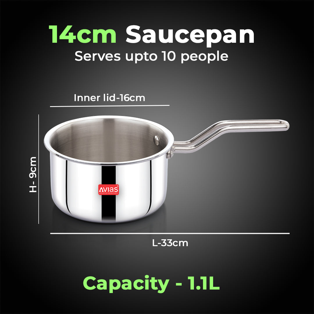 AVIAS AVI3 Triply Stainless Steel 4 Pc Cookware Set, 22 cm Kadai with Glass Lid, 22 cm Frypan, 14 cm Sauce Pan, Steel Casted Handles, Even and Fast Heating, Triply Bottom