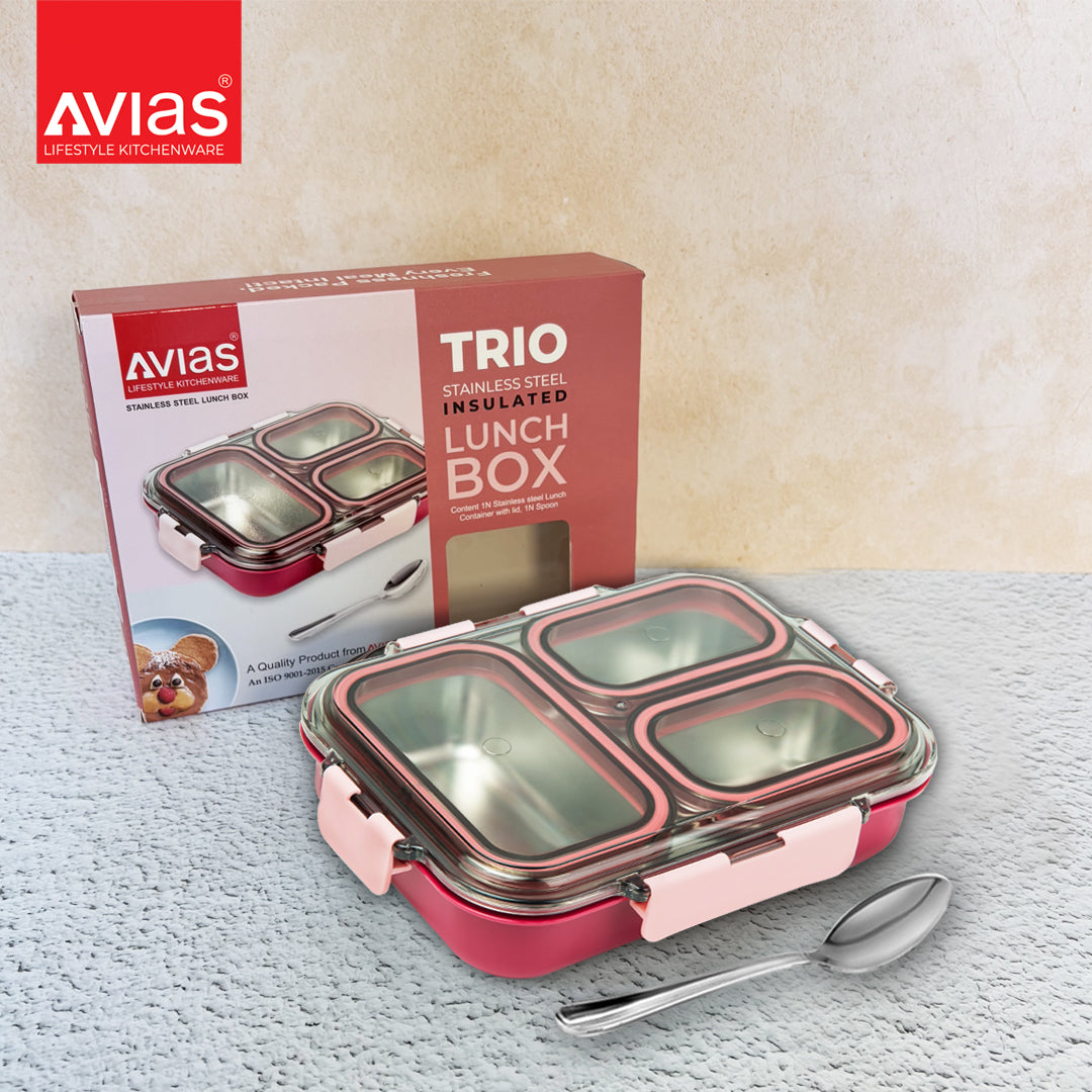 AVIAS Avifresh Stainless Steel Insulated Lunch Box with Spoon | Tiffin Box for School, College, and Office - TRIO