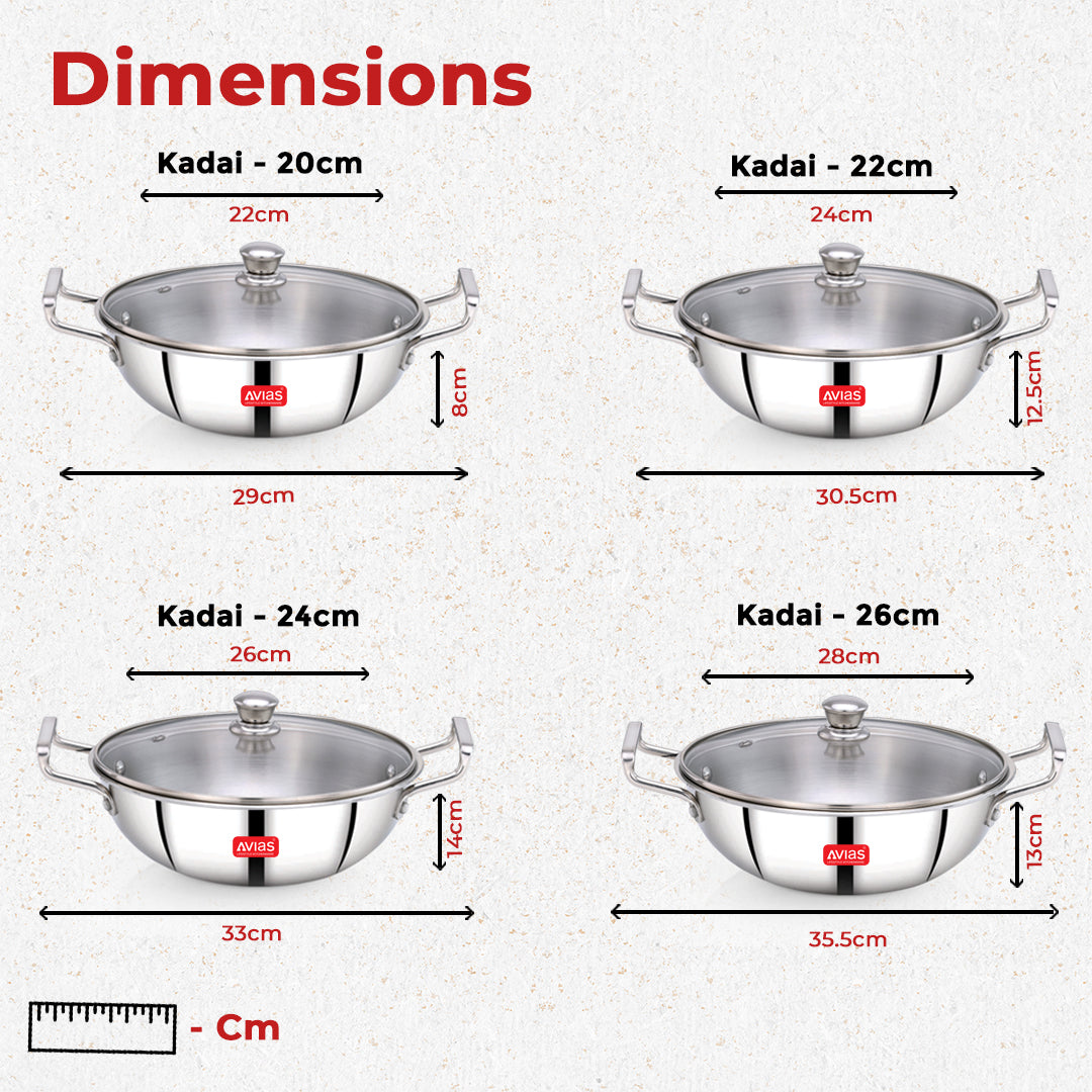 AVIAS Aspire Triply Kadai, Stainless Steel Kadhai with Glass Lid, 3 Layer, Steel Casted Handles, Flat Bottom Kadhai with Induction Base, 2.5 Mm Thickness, 1.5 Litre Capacity