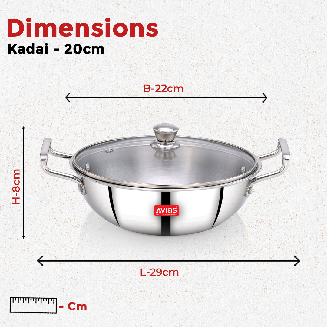 AVIAS Aspire Triply Kadai, Stainless Steel Kadhai with Glass Lid, 3 Layer, Steel Casted Handles, Flat Bottom Kadhai with Induction Base, 2.5 Mm Thickness, 1.5 Litre Capacity