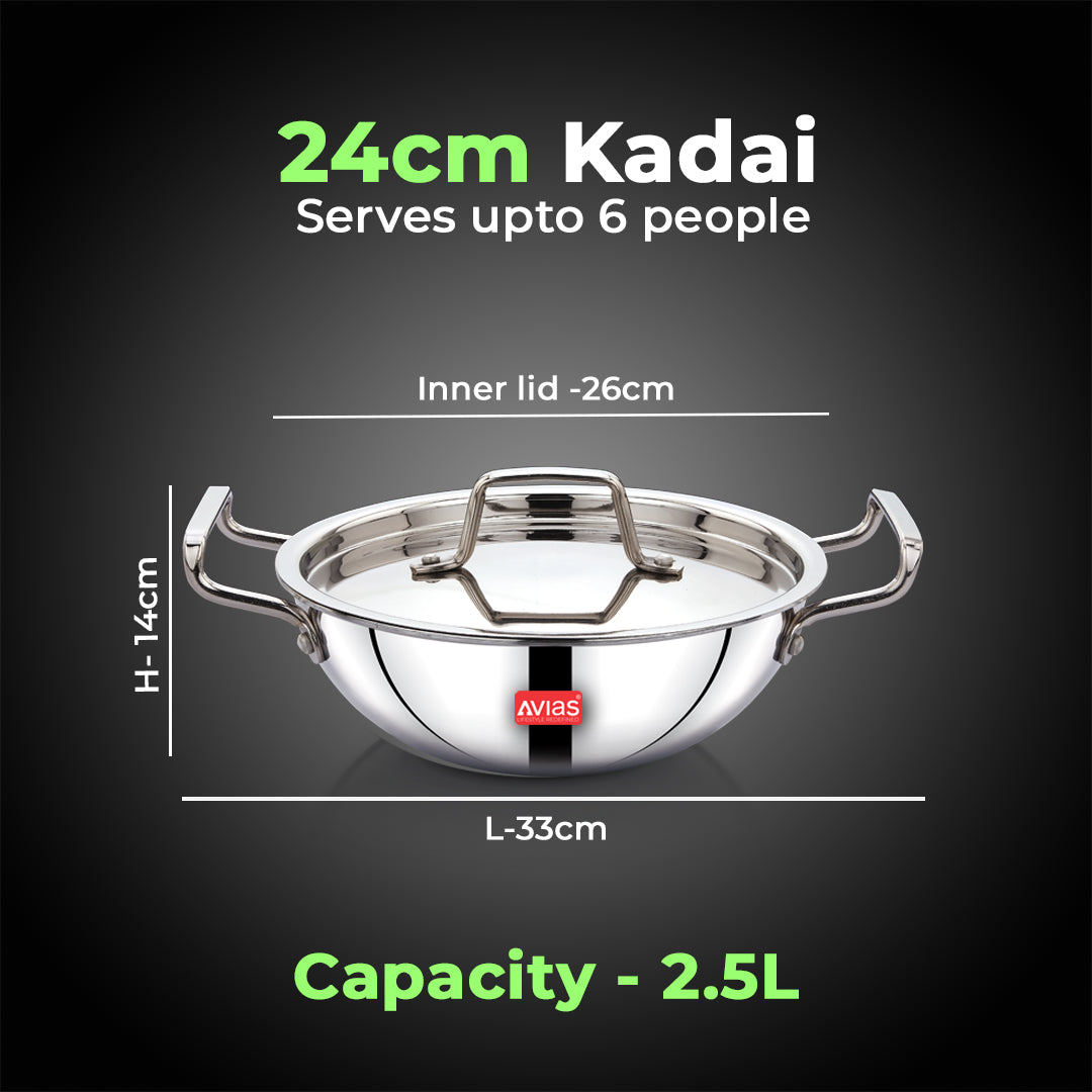 AVIAS AVI3 Triply Kadai, 20 / 22 / 24 / 26 cm Stainless Steel Kadhai with Lid, 3 Layer, Steel Casted Handles, Flat Bottom Kadhai with Induction Base, 2.5 Mm Thickness, 1.5 / 2 / 2.5 / 3.25 Litre Capacity