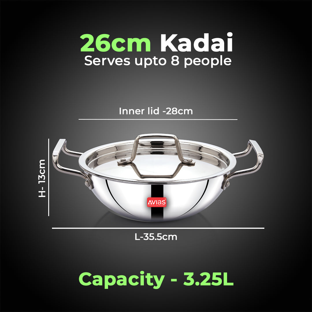AVIAS AVI3 Triply Kadai, 20 / 22 / 24 / 26 cm Stainless Steel Kadhai with Lid, 3 Layer, Steel Casted Handles, Flat Bottom Kadhai with Induction Base, 2.5 Mm Thickness, 1.5 / 2 / 2.5 / 3.25 Litre Capacity