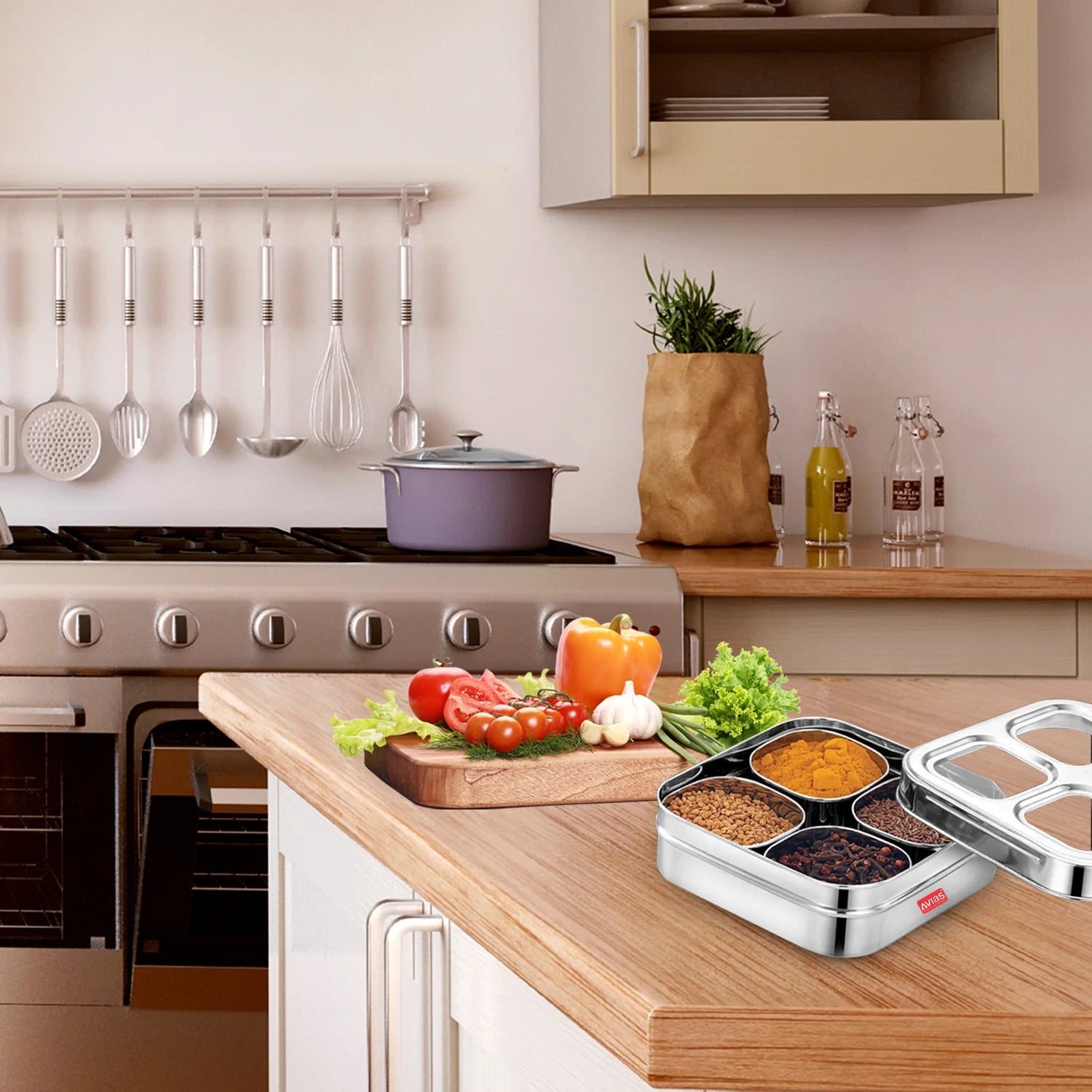 AVIAS 4 Square Stainless Steel Dry Fruit cum Spice box for kitchen