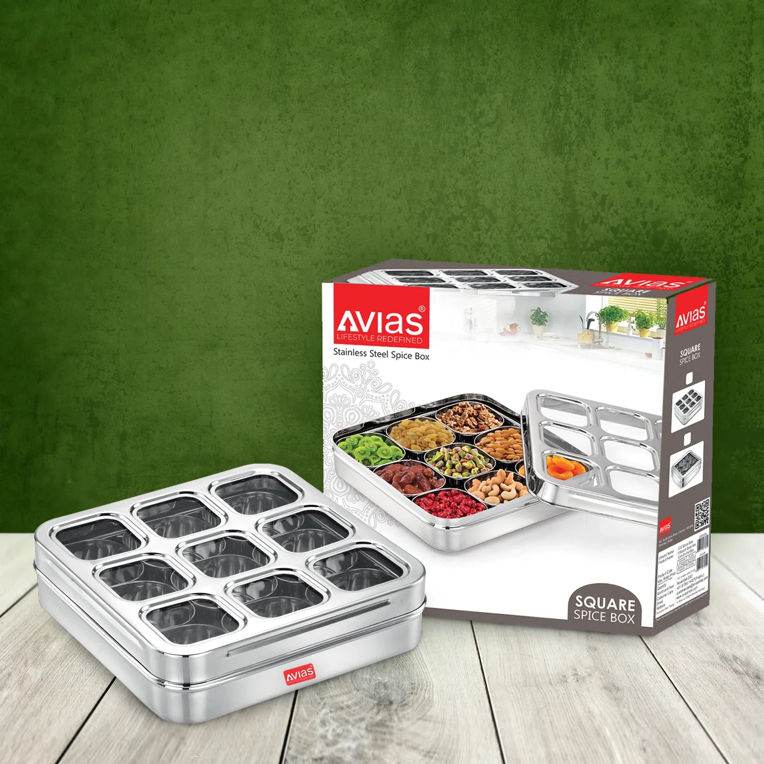 AVIAS stainless steel dry fruit cum spice box with 9 square compartments package