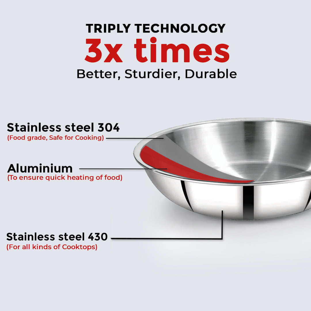 Avias Trivera Triply Stainless Steel Cookware Set | 4 Pc | Kadai + Frypan + Saucepan | SS Lid