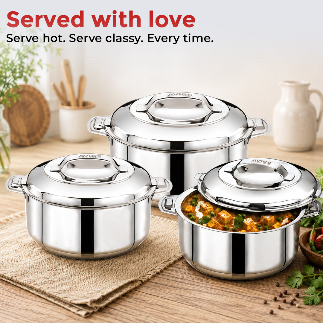 Avias Astra Plus Stainless Steel Insulated Casserole / Hotpot | Double Wall | Gift Set of 3 | 1L,1.5L,2.5L