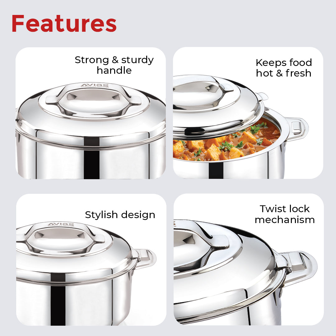 Avias Astra Plus Stainless Steel Insulated Casserole / Hotpot | Double Wall | Gift Set of 3 | 1L,1.5L,2.5L