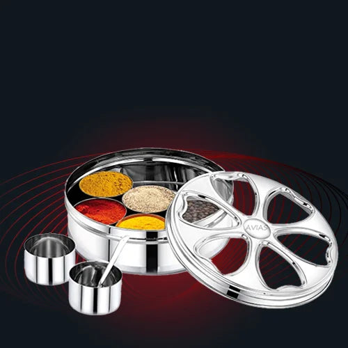 AVIAS Stainless Steel Petal Spice box/ Masala dani/ Masala dabba | See-through lid